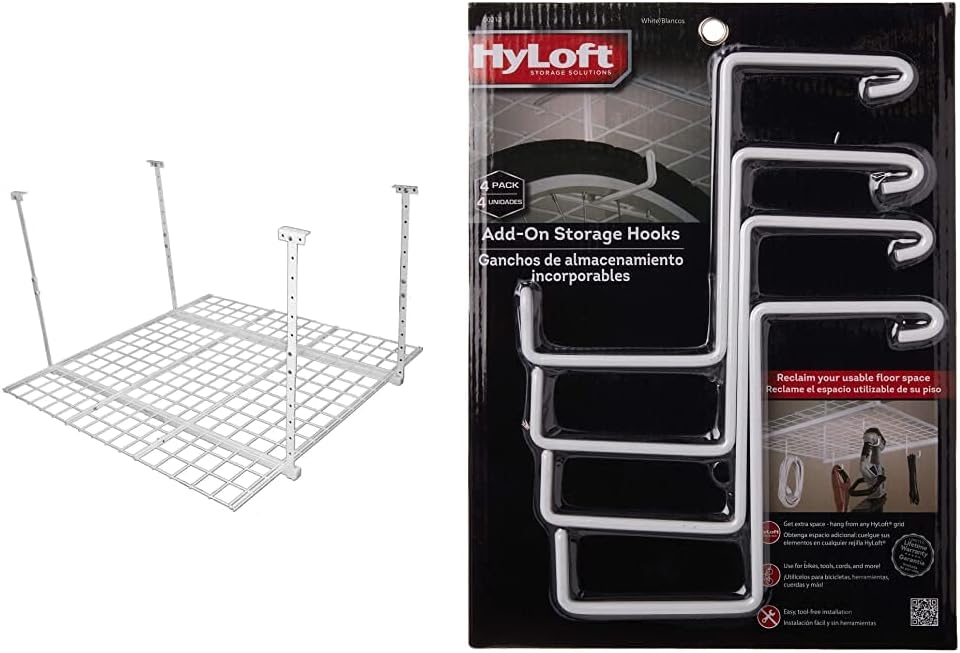 BRAND, CATEGORY, HYLOFT, STORAGE RACKS, 00540 45-Inch by 45-Inch Overhead Storage System, Ceiling Mount Garage Organization Rack, White & 00212 Add-On Storage Hook Accessory Model-540 Ceiling Rack, 4 Count