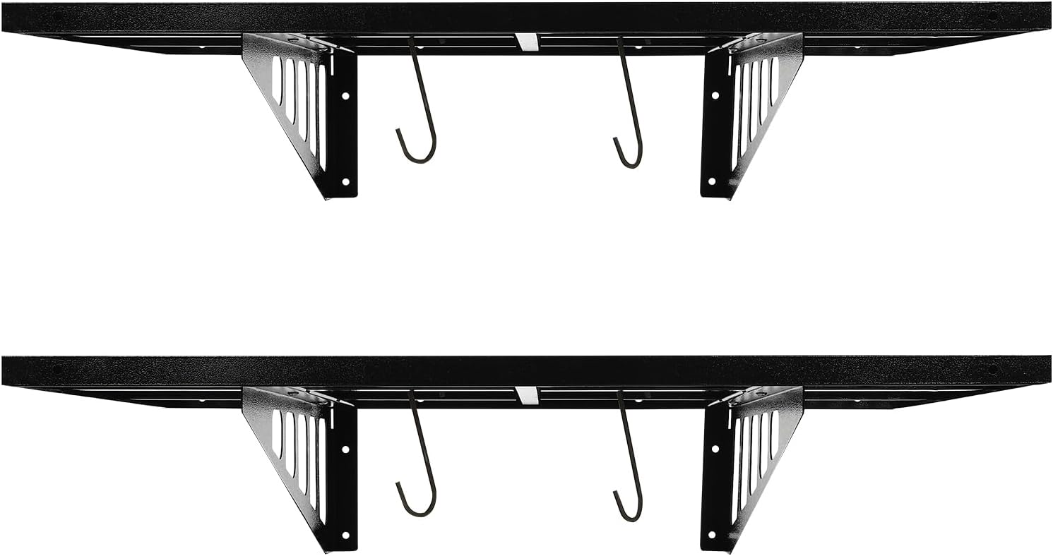 BRAND, CATEGORY, DYRABREST, STORAGE RACKS, 2-Pack 24" x 36" Garage Wall Shelf Heavy Duty Black Steel Garage Storage Rack 2 Tier Wall Mounted Floating Shelves Bike Storage Rack with 4 Hooks, 560 LBS Weight Capacity