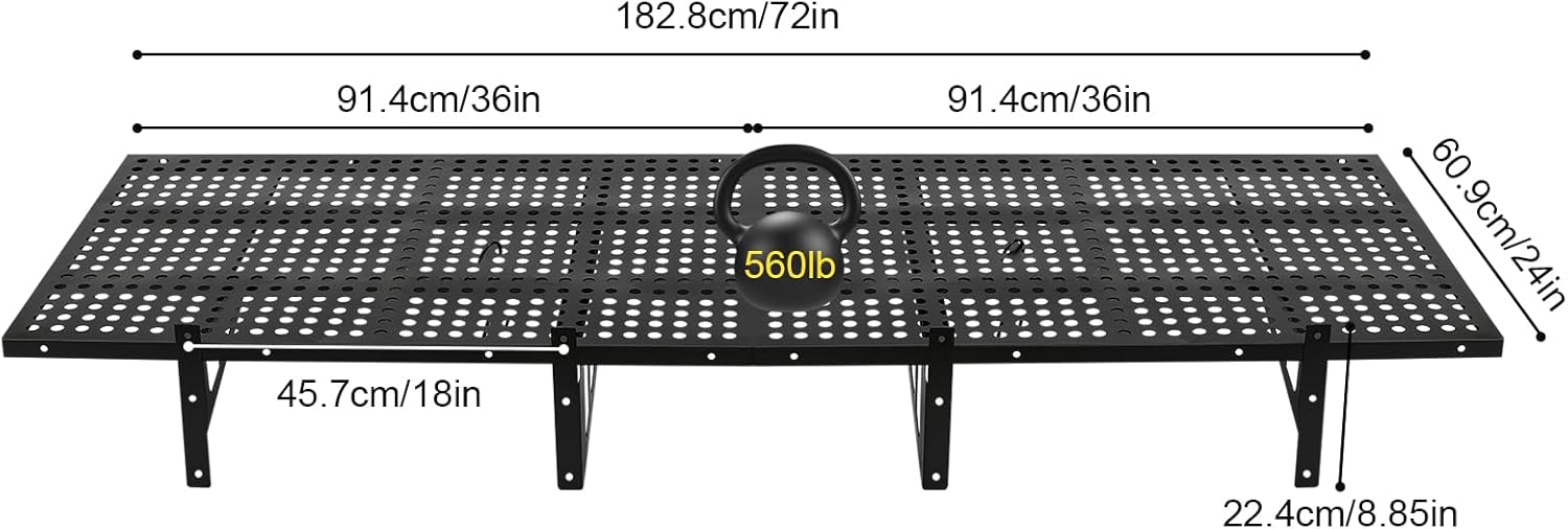 BRAND, CATEGORY, DYRABREST, STORAGE RACKS, 2-Pack 24" x 36" Garage Wall Shelf Heavy Duty Black Steel Garage Storage Rack 2 Tier Wall Mounted Floating Shelves Bike Storage Rack with 4 Hooks, 560 LBS Weight Capacity