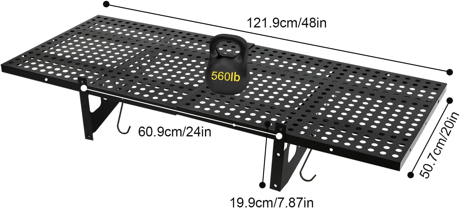 BRAND, CATEGORY, DYRABREST, STORAGE RACKS, 2-Pack 24" x 36" Garage Wall Shelf Heavy Duty Black Steel Garage Storage Rack 2 Tier Wall Mounted Floating Shelves Bike Storage Rack with 4 Hooks, 560 LBS Weight Capacity