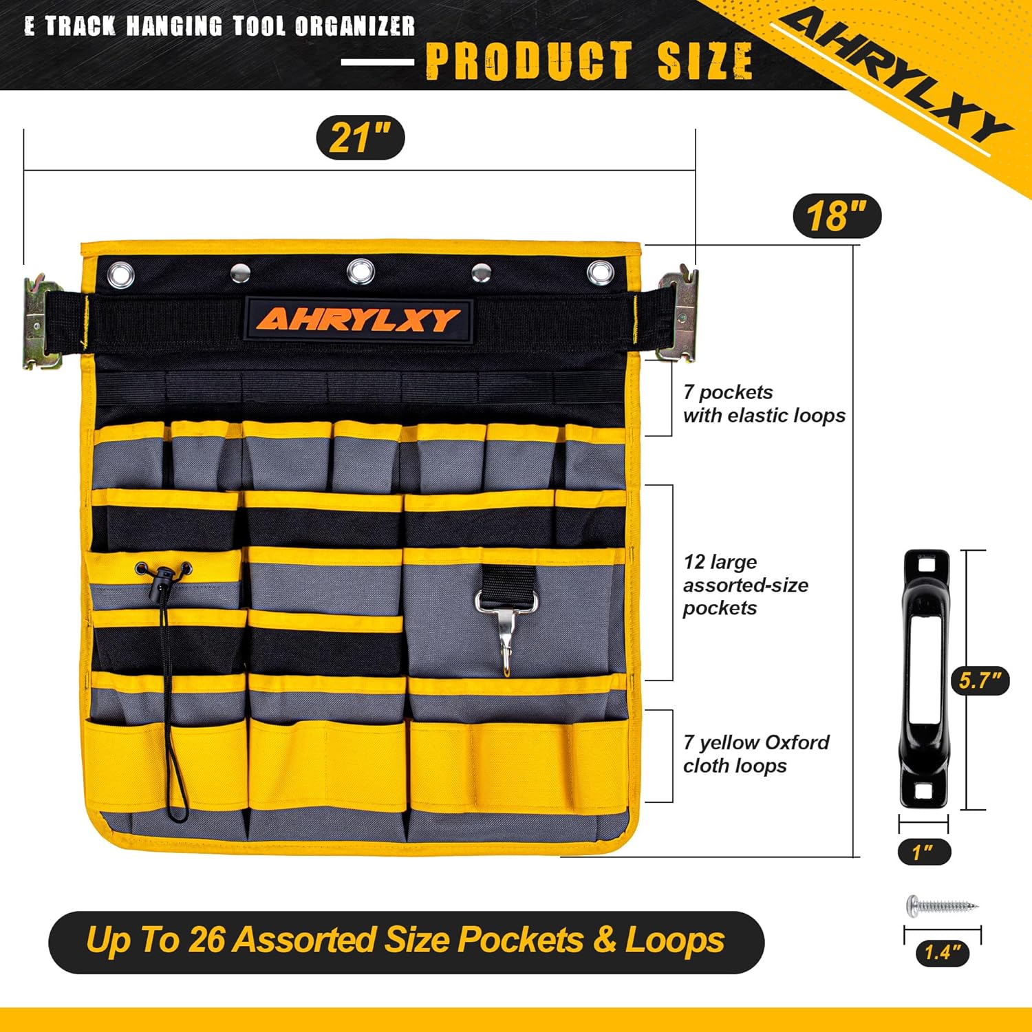 AHRYLXY, BRAND, CATEGORY, STORAGE RACKS, 2 Pack E-Track Hanging Tool Organizer, E Track Wall Hanging Pocket Tool Holder, E-Track Accessories for Enclosed Trailer, Garage Warehouse and Workshop, Wall Mount Multi Pockets Tool Organizer