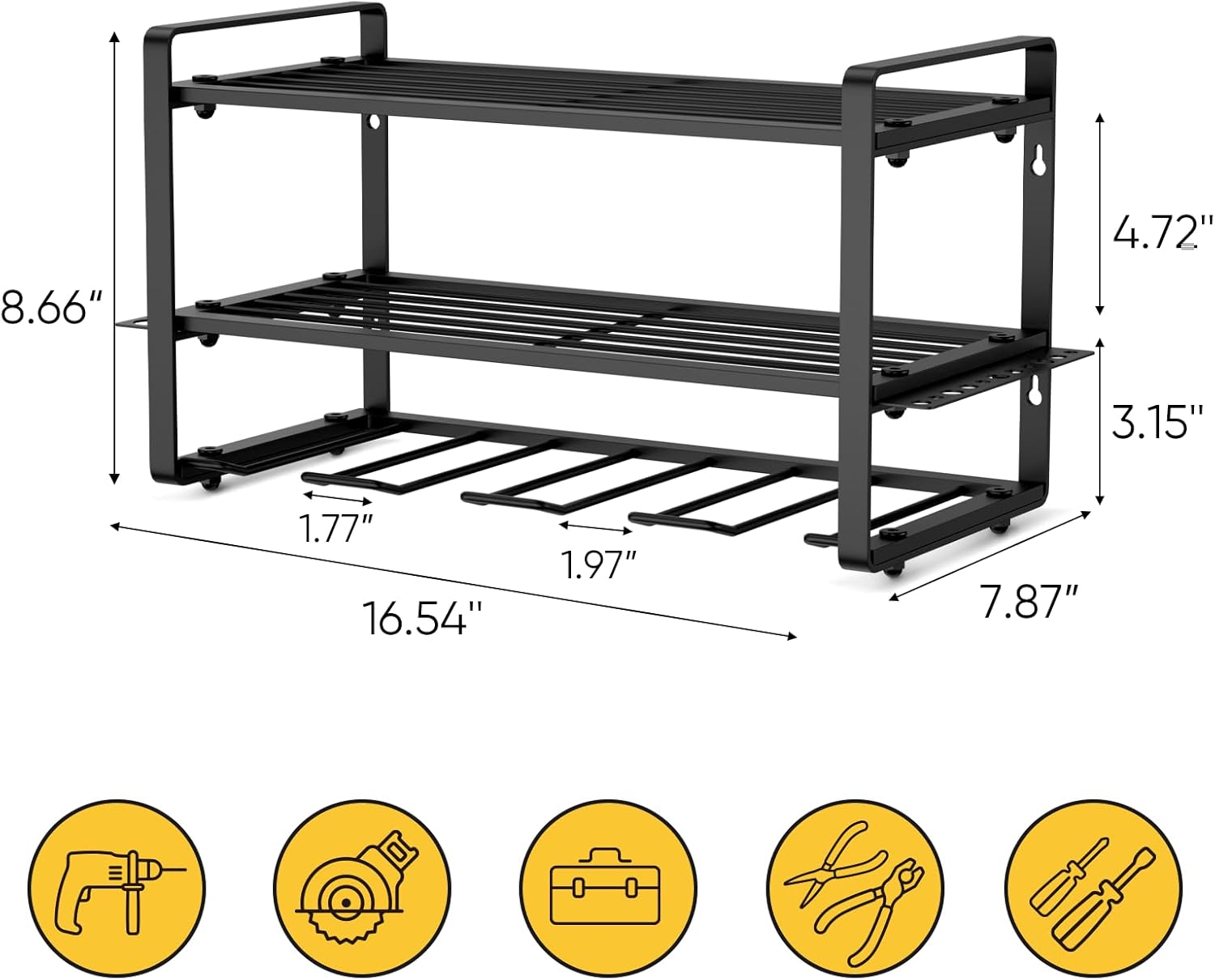 BRAND, CATEGORY, POKIPO, STORAGE RACKS, 2 Pack Power Tool Organizer, 8 Drill Holder Wall Mount, Heavy Duty Garage Tool Organizers and Storage, Utility Racks with Screwdriver, Plier and Hammer Holder