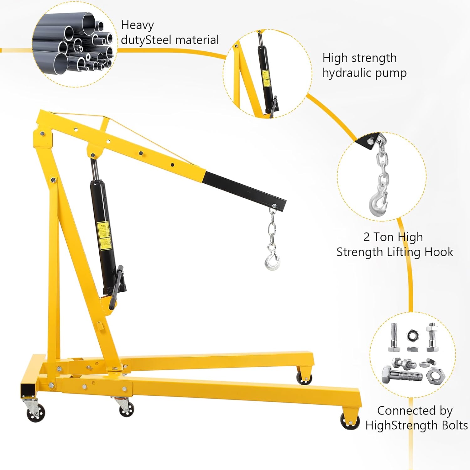 BRAND, CATEGORY, ENGINE HOISTS & STANDS, GARVEE, 4000LB Folding Engine Crane Engine Hoist Cherry Picker 2Ton Ship Crane Heavy Duty Steel Lift Garage Workshop Auto Repair Foldable Stand 6 Caster (Yellow)