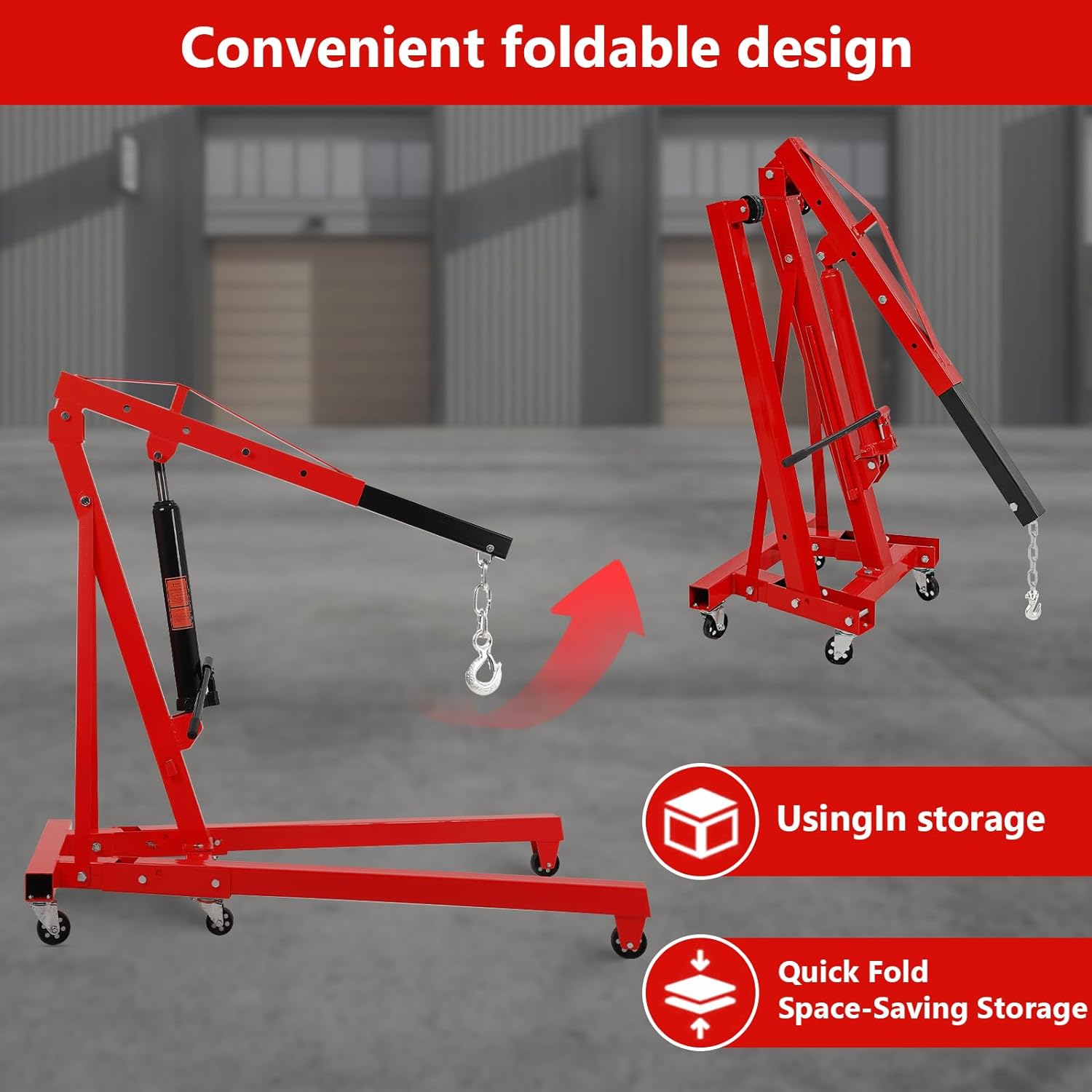 BRAND, CATEGORY, ENGINE HOISTS & STANDS, PIONEERWORKS, 2 Ton Folding Engine Crane Engine Hoist Cherry Picker Ship Crane Heavy Duty Steel Lift Garage Workshop Auto Repair Foldable Stand 6 Caster (Red)