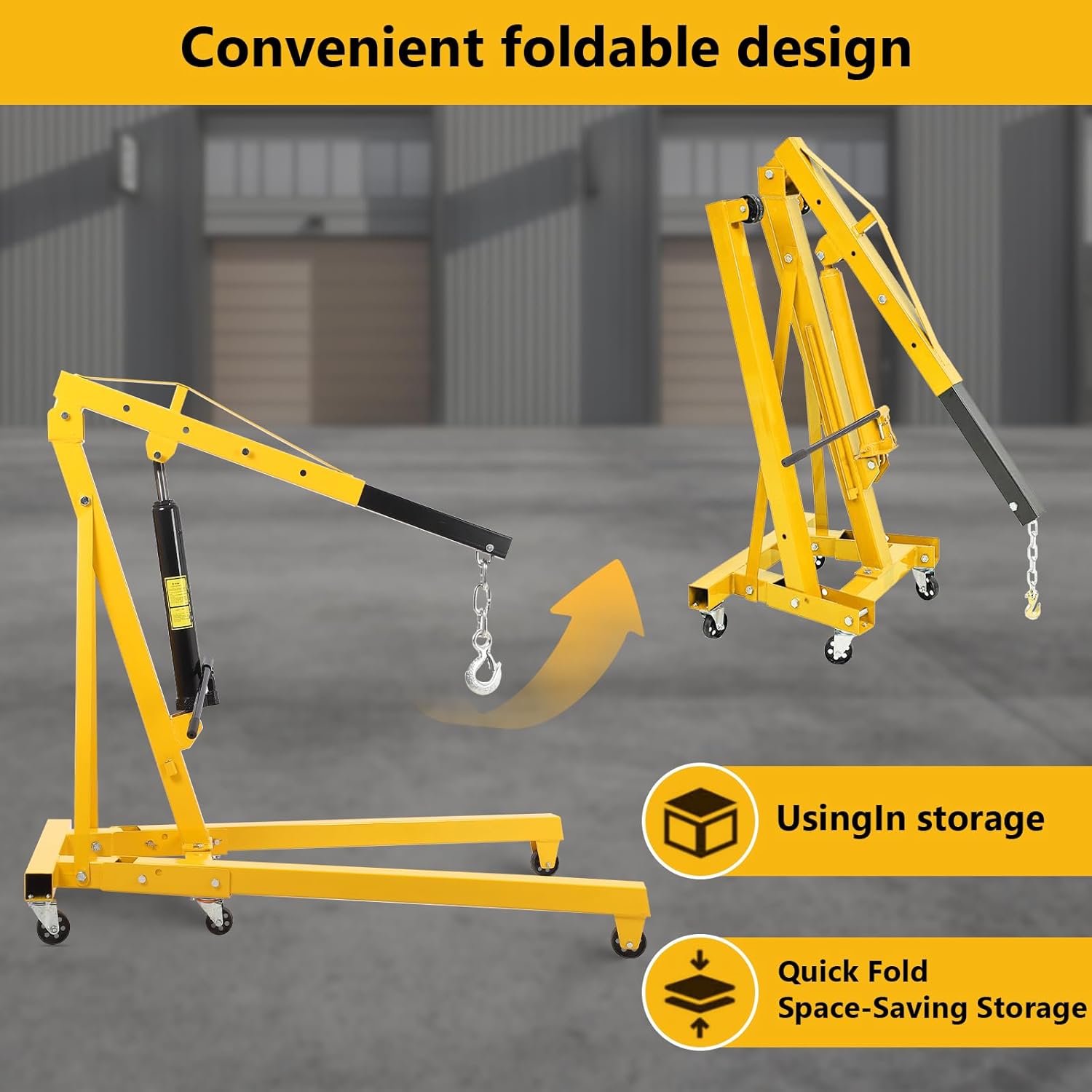 BRAND, CATEGORY, ENGINE HOISTS & STANDS, GARVEE, 4000LB Folding Engine Crane Engine Hoist Cherry Picker 2Ton Ship Crane Heavy Duty Steel Lift Garage Workshop Auto Repair Foldable Stand 6 Caster (Yellow)