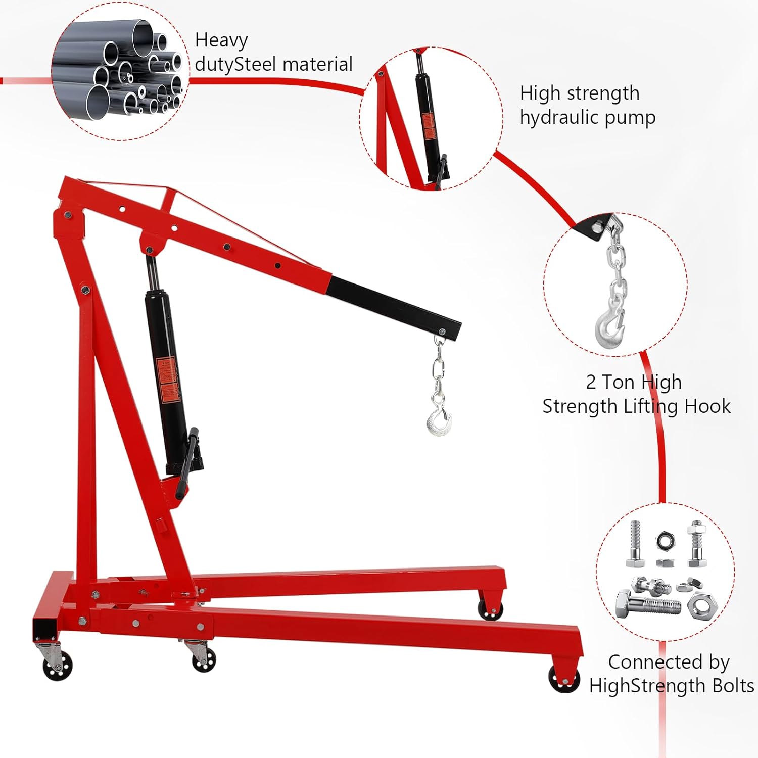 BRAND, CATEGORY, ENGINE HOISTS & STANDS, PIONEERWORKS, 2 Ton Folding Engine Crane Engine Hoist Cherry Picker Ship Crane Heavy Duty Steel Lift Garage Workshop Auto Repair Foldable Stand 6 Caster (Red)