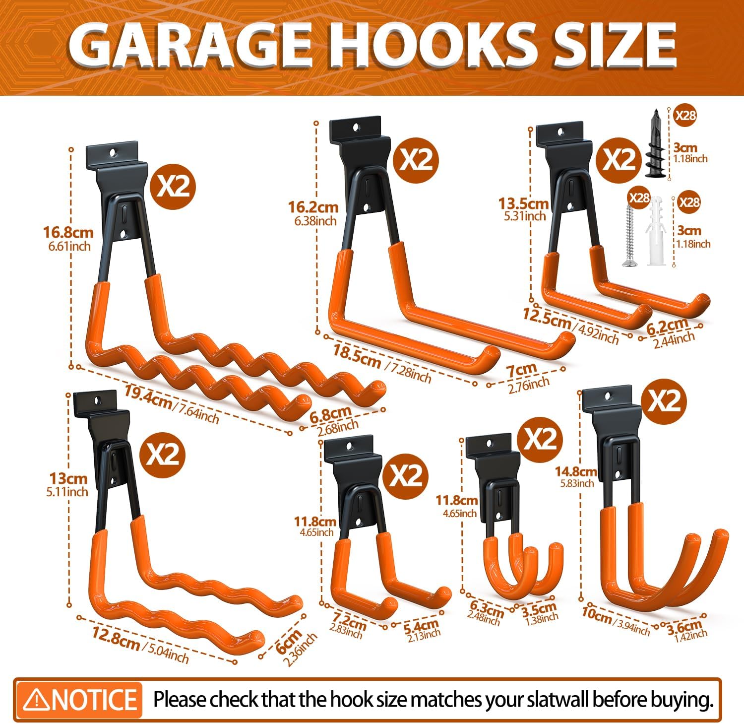 3-H, BRAND, CATEGORY, HOOKS, 3-H Slatwall Accessories 14 Pack, Slatwall Hooks & Hangers 7 Sizes, Slat Wall Hanging Hooks, Proslat Accessories for Garage Wall Panels Organzing Garden Tools Chairs Ladder(Orange)