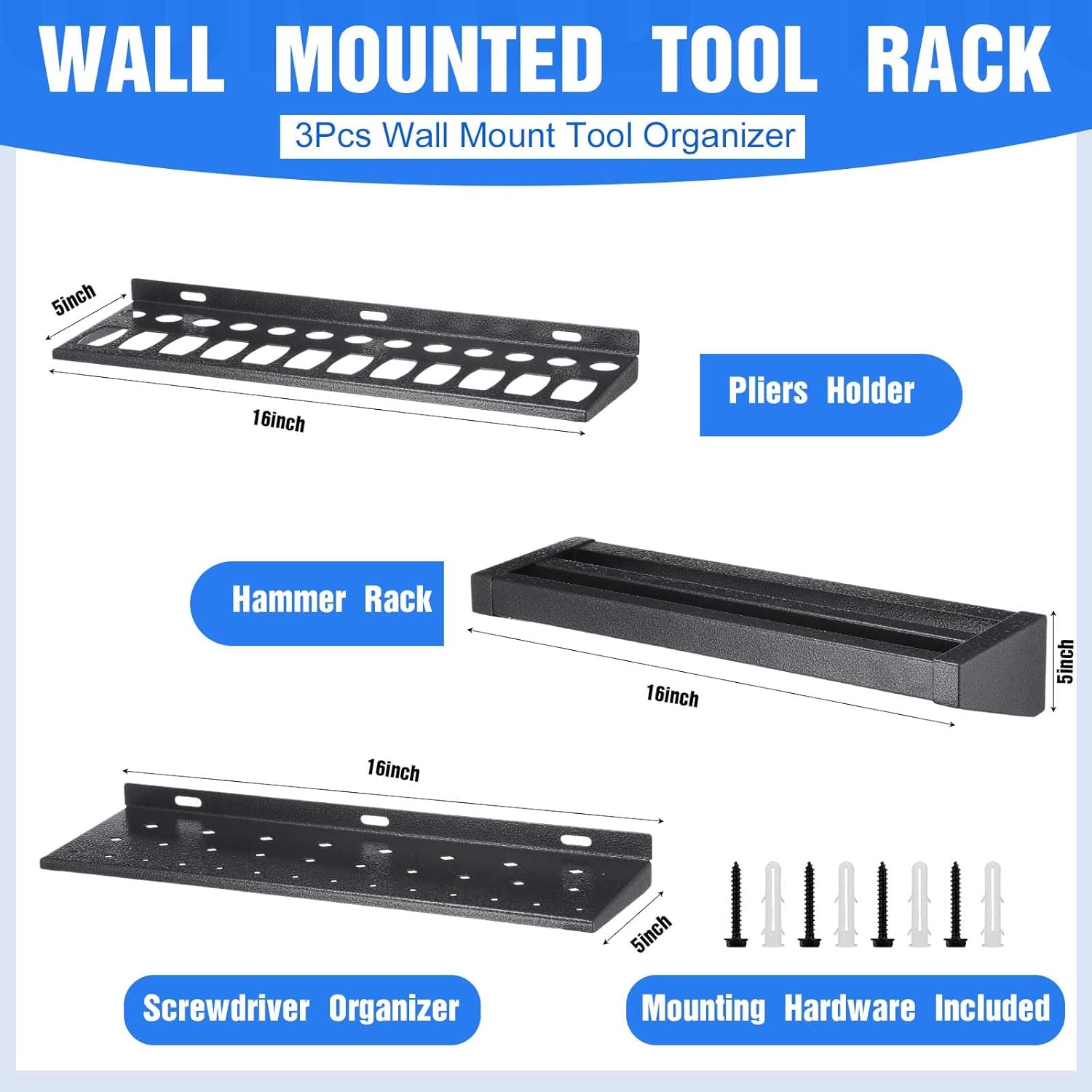 BRAND, CATEGORY, MEMORYWUU, STORAGE RACKS, 3 Pcs 16in Tool Holder Organizer for Screwdrivers, Hammer, Pliers, Wall Mounted Metal Storage Rack Organizer for Workshop, Workbench, Fit Most of Screwdrivers, Hammer, Pliers or Small Tools