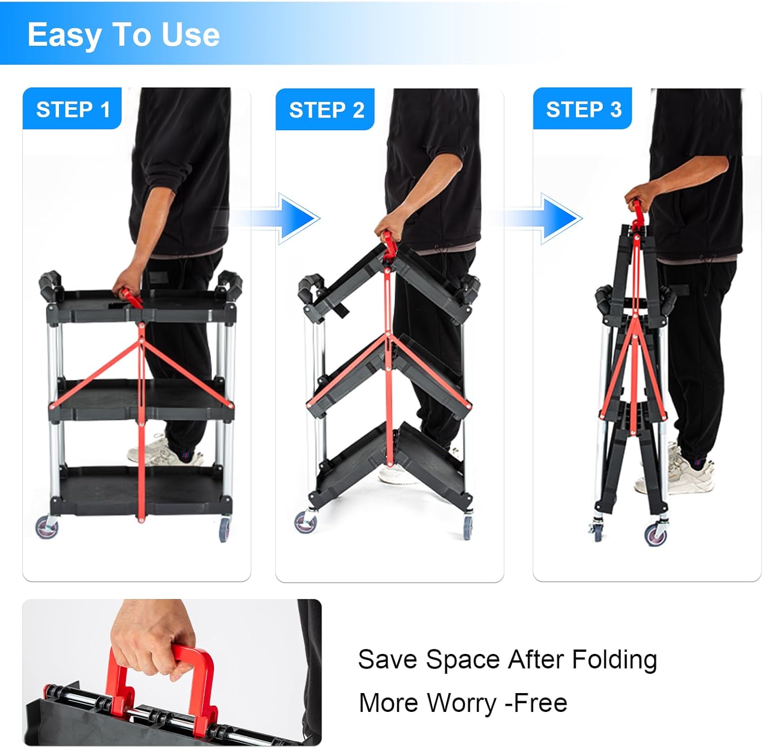 BRAND, CATEGORY, LOJOK, SERVICE CARTS, 3-Tier Collapsible Cart with Wheels, Multifunction Folding Utility Cart, 240LBS Load Capacity, for Garage, Office, Storehouse, Kitchen