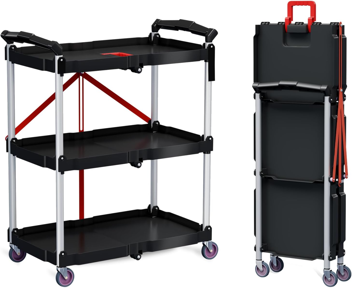 BRAND, CATEGORY, LOJOK, SERVICE CARTS, 3-Tier Collapsible Cart with Wheels, Multifunction Folding Utility Cart, 240LBS Load Capacity, for Garage, Office, Storehouse, Kitchen