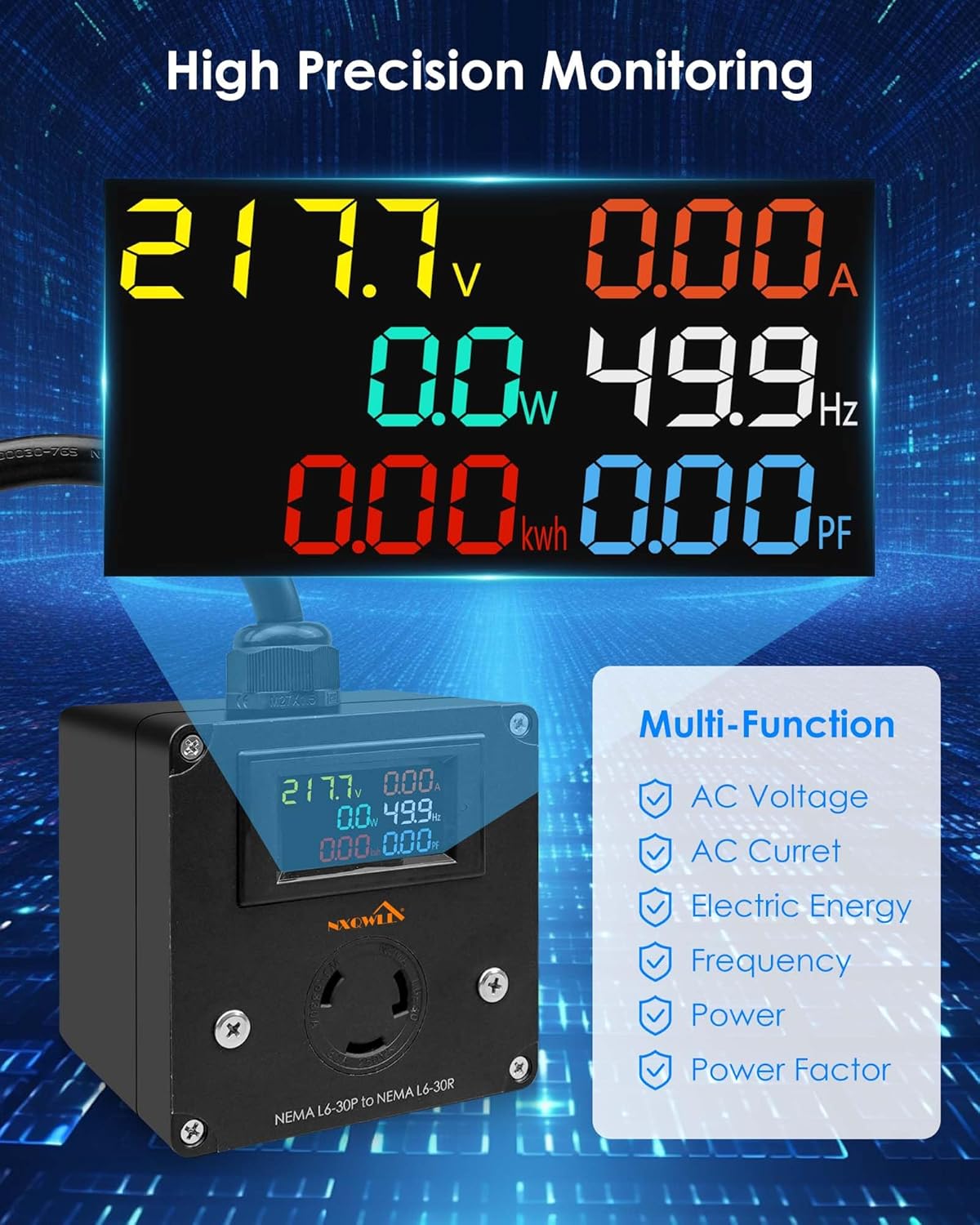 BRAND, CATEGORY, NXQWLL, VOLTAGE TESTERS, 30A AC Power Meter, 240V L6-30P to L6-30R LCD Display Digital Multimeter Tester with 1.65FT 10AWG Cable, Outlet Monitor Multifunction Energy Monitor Voltage Current Frequency Power Factor