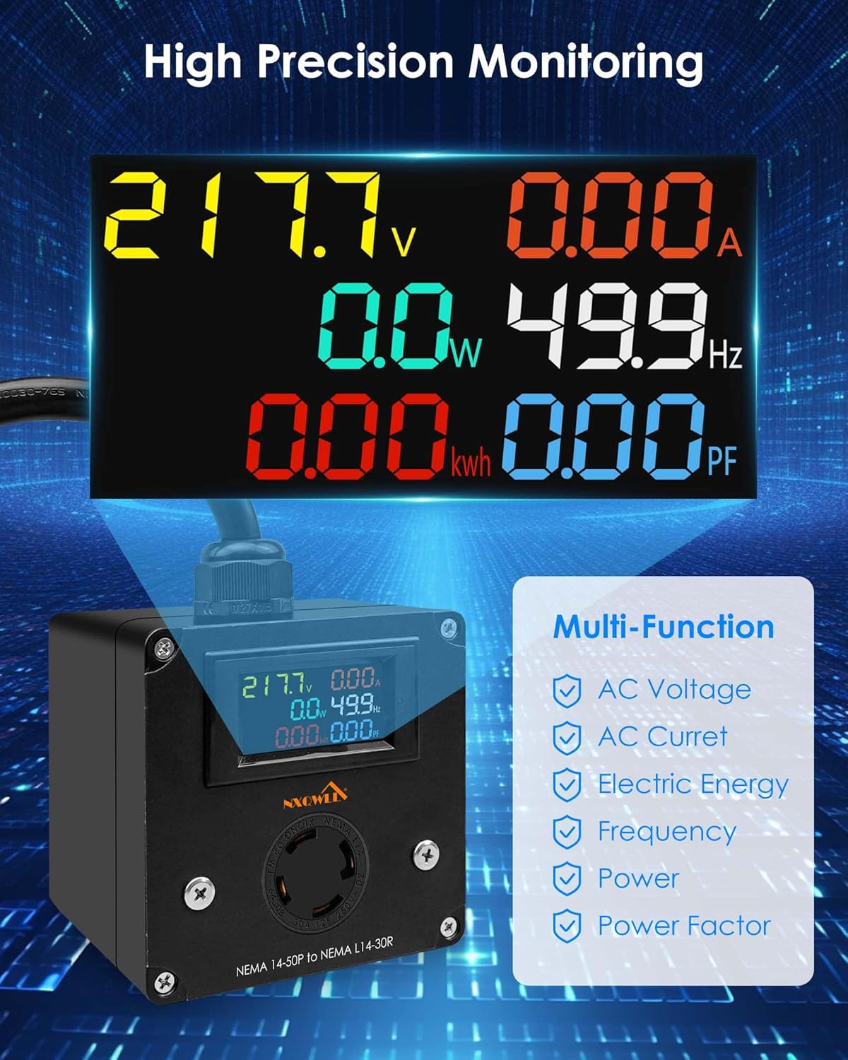 BRAND, CATEGORY, NXQWLL, VOLTAGE TESTERS, 30A AC Power Meter, 240V NEMA 14-50R to NEMA L14-30P 4-Pin Locking Female Socket, Outlet Monitor for Generator, LCD Display Digital Multimeter Tester, 50A to 30A Multifunction Energy Monitor