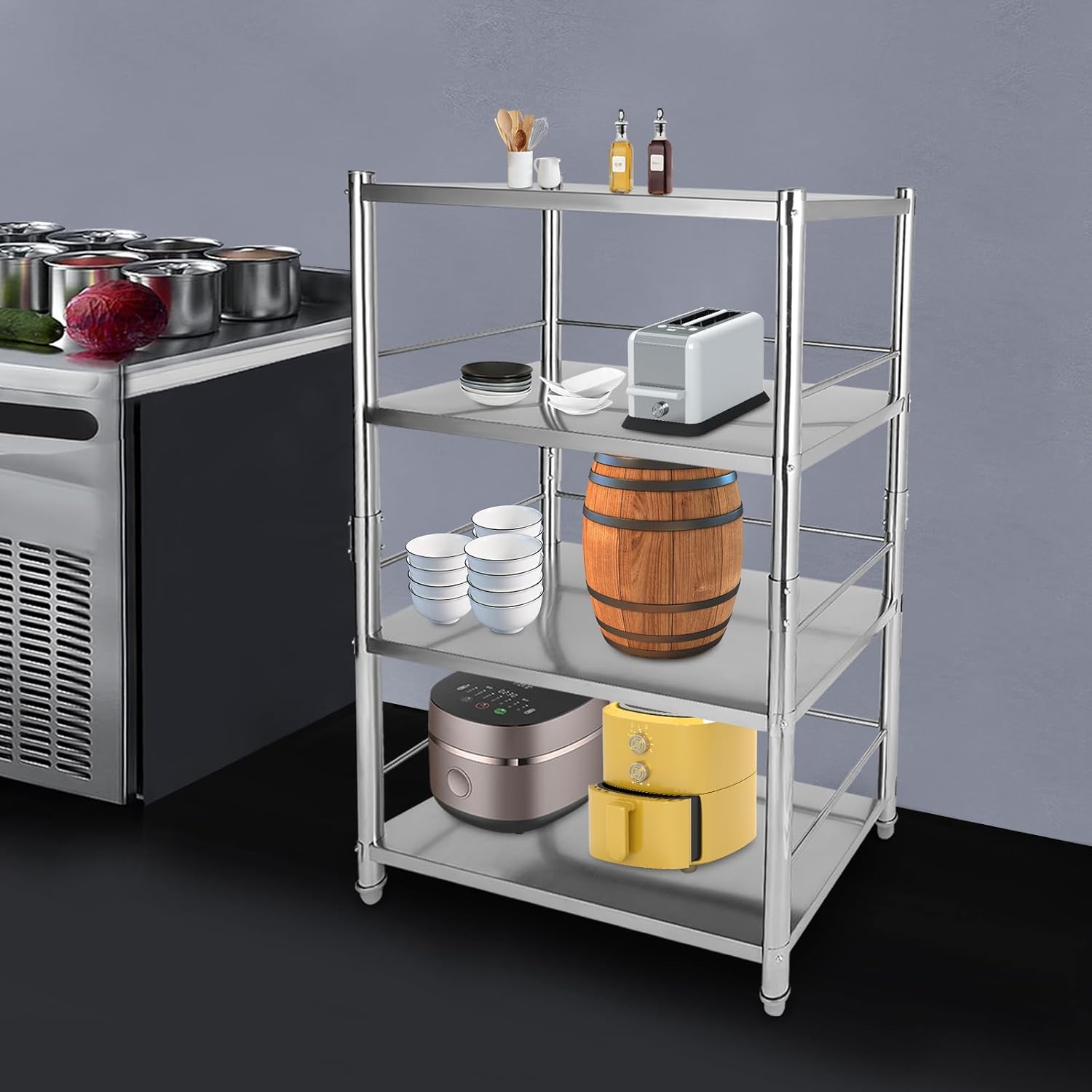 BRAND, CATEGORY, STORAGE RACKS, VINTORO, 4 Tier Adjustable Shelf Storage, Floor Standing Overshelf Work Table, Stainless Steel Heavy Duty Shelving, Commercial Unit Display Rack, 31.5*18.5*51.8in, for Kitchen Office Garage Warehouse