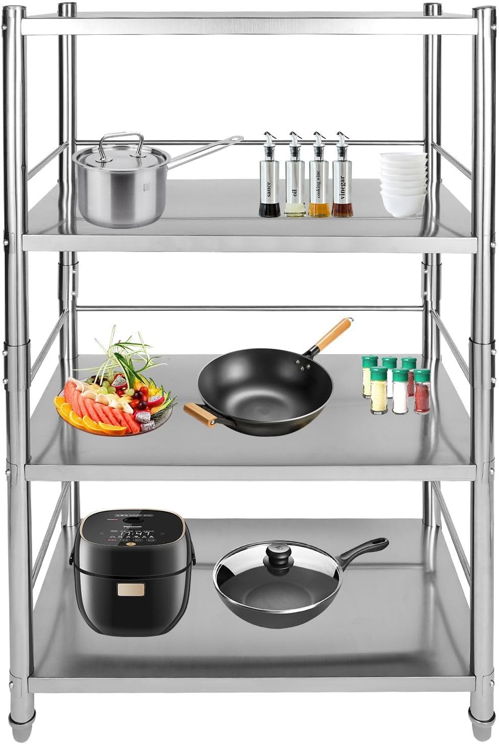 BRAND, CATEGORY, STORAGE RACKS, VINTORO, 4 Tier Adjustable Shelf Storage, Floor Standing Overshelf Work Table, Stainless Steel Heavy Duty Shelving, Commercial Unit Display Rack, 31.5*18.5*51.8in, for Kitchen Office Garage Warehouse