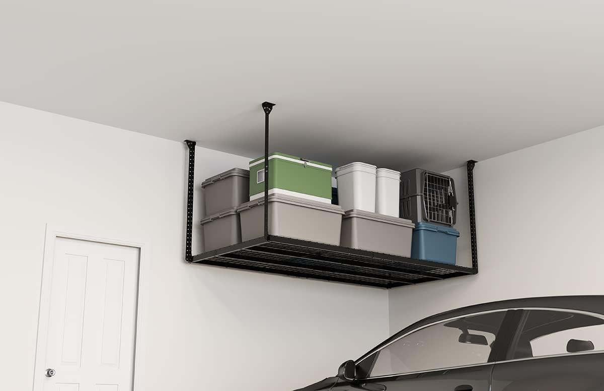 BRAND, CATEGORY, CEILING MOUNTED STORAGE RACKS, HYLOFT, 48-Inch by 96-Inch Super Pro Ceiling Mounted Shelf for Garage, Storage Heavy Duty Hanging Shelf 2 Foot by 8 Foot, Holds up to 600 Pounds, Black