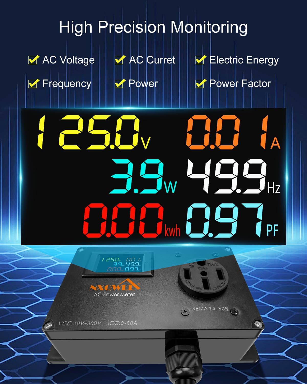 BRAND, CATEGORY, NXQWLL, VOLTAGE TESTERS, 50A AC Power Meter, 240V LCD Display Digital Multimeter Tester, NEMA 14-50P to 14-50R Outlet Monitor with Multifunction Energy Monitor Voltage Current Frequency Power Factor