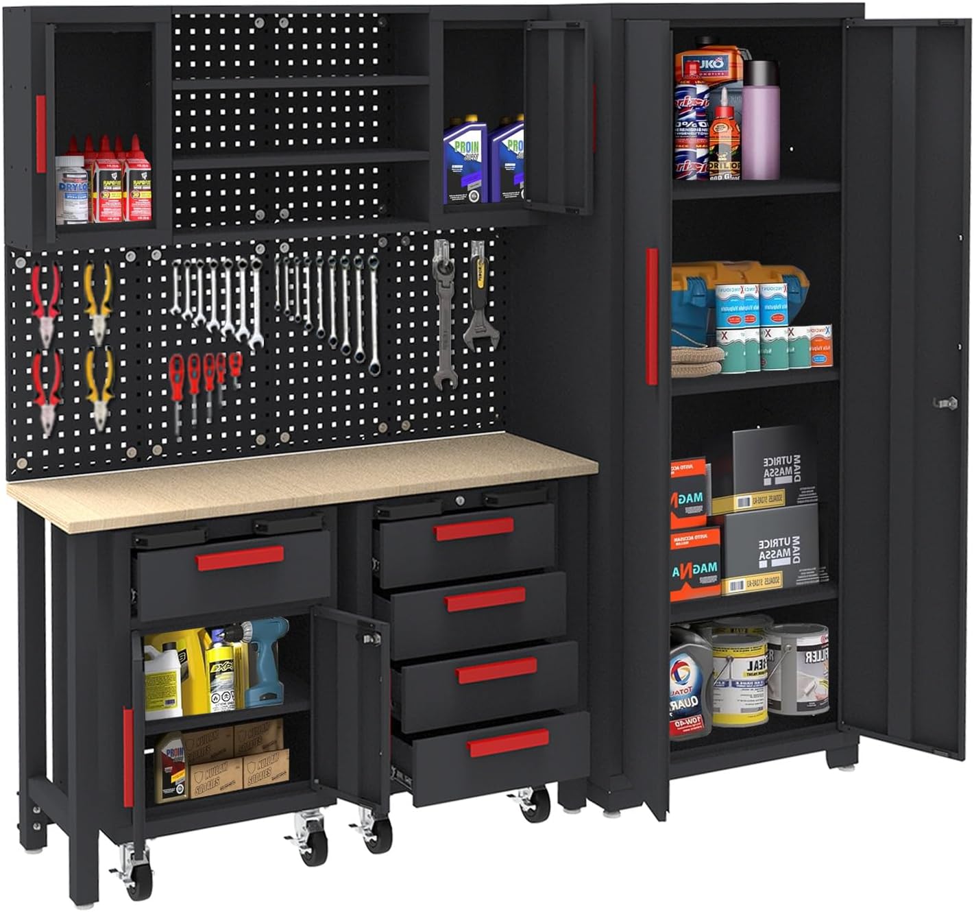 BRAND, CABINETS & STORAGE SYSTEMS, CATEGORY, GSTANDARD, 6 Piece Garage Cabinets Storage System: Includes Steel Cabinets, Drawers, Rolling Chest and Pegboard, Garage Workbench with Storage - Perfect for Organizing Garage and Tools, Black