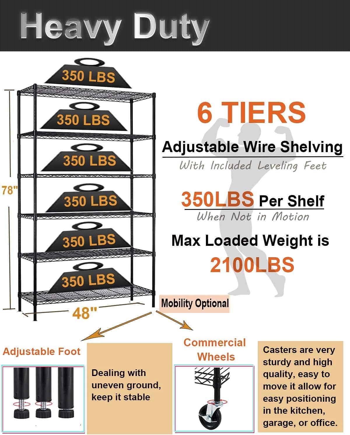 BRAND, CATEGORY, TYYPS, UTILITY SHELVES, 6-Tier Wire Shelving Unit Wire Shelves Garage Storage Shelf, Metal Wire Shelving w/Wheels & NSF Certification Heavy Duty Commercial Grade Shelving Rack for Kitchen Garage Office 48"x18"x82", Black