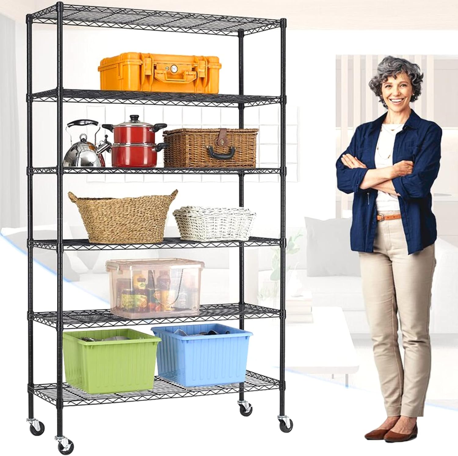 BRAND, CATEGORY, TYYPS, UTILITY SHELVES, 6-Tier Wire Shelving Unit Wire Shelves Garage Storage Shelf, Metal Wire Shelving w/Wheels & NSF Certification Heavy Duty Commercial Grade Shelving Rack for Kitchen Garage Office 48"x18"x82", Black