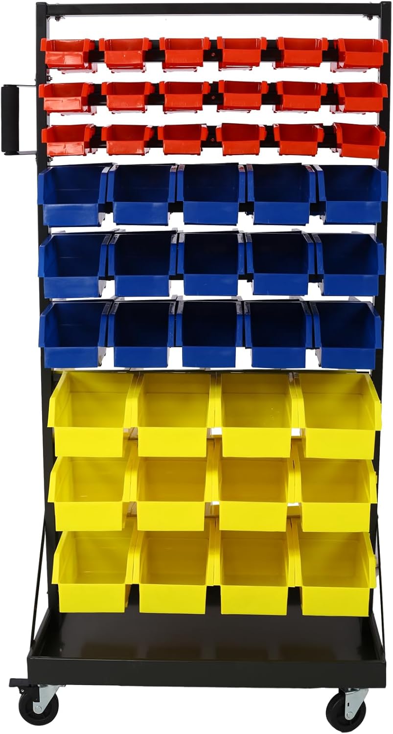 BRAND, CATEGORY, GENERIC, STORAGE RACKS, 9-Tier Double-Sided Movable Parts Tool Storage Rack with 90 Bins, Nuts Bolts Storage Organizer with Locking Wheels for Shop Garage and Home