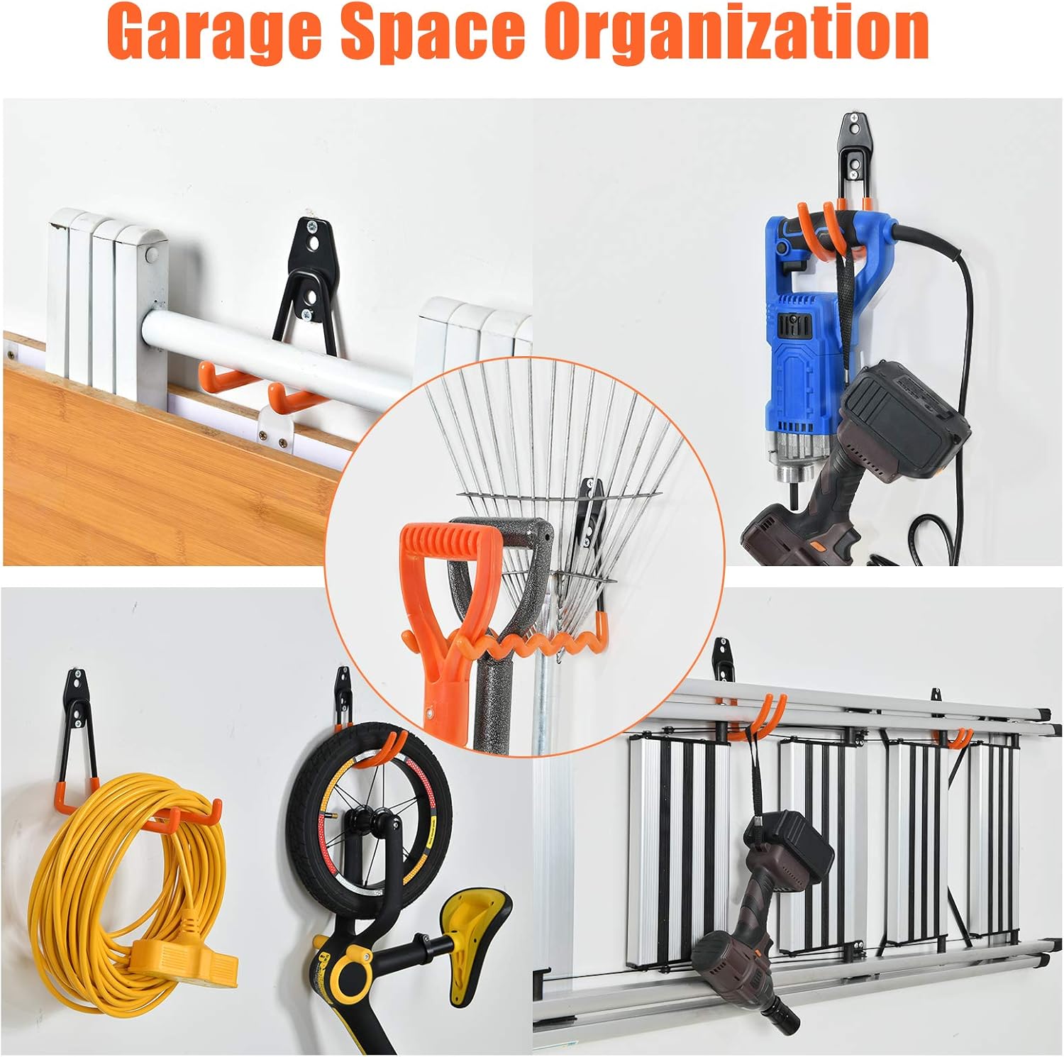 AOBEN, BRAND, CATEGORY, HOOKS, AOBEN Garage Hooks,24Pack Heavy Duty Garage Hanger Organizer Anti-Slip Double Wall Garage Storage Hooks for Ladder, Power Tool,Bike,Ropes (23 Hooks & 1 hoder Strap)-Orange