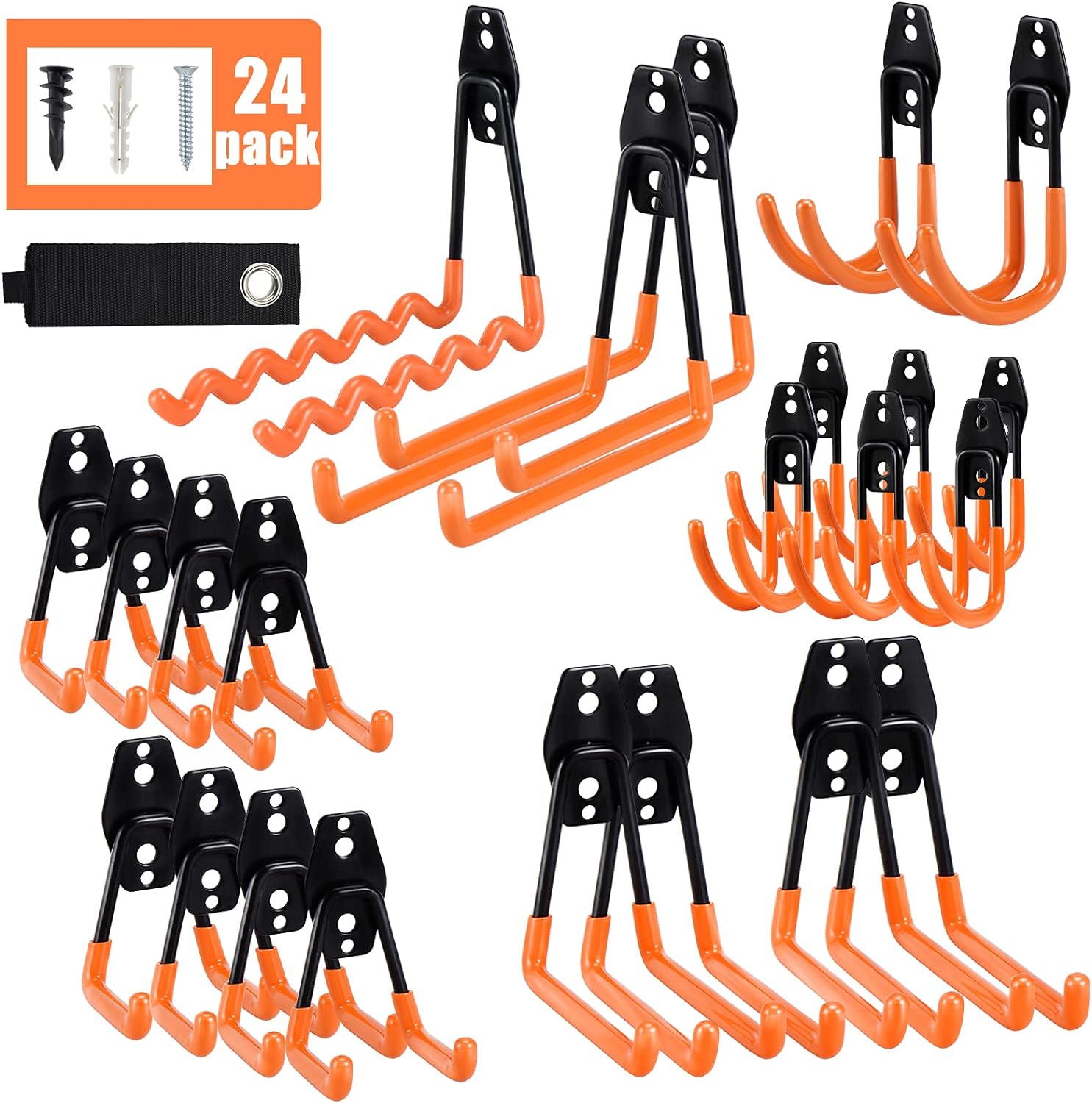 AOBEN, BRAND, CATEGORY, HOOKS, AOBEN Garage Hooks,24Pack Heavy Duty Garage Hanger Organizer Anti-Slip Double Wall Garage Storage Hooks for Ladder, Power Tool,Bike,Ropes (23 Hooks & 1 hoder Strap)-Orange