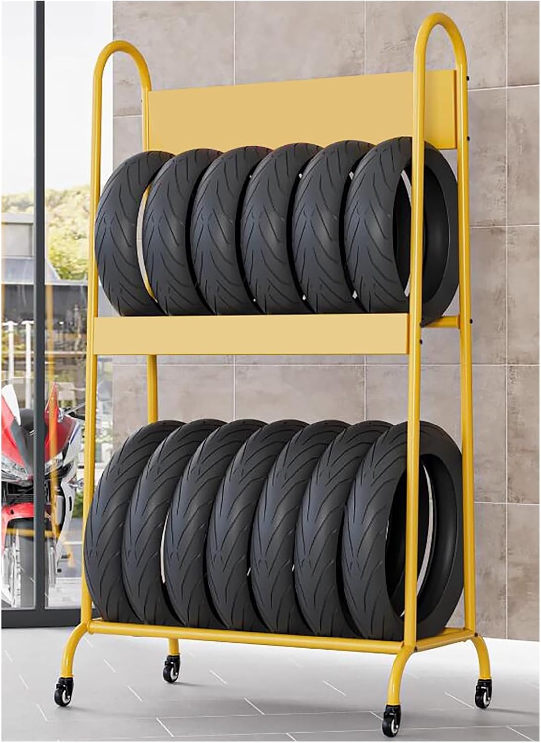 BRAND, CATEGORY, GARAGE STORAGE, LZMZMQ, Adjustable Motorcycle Tire Storage Cart, Garage/Basement/Retail Store Multi Tires Organizer Holder 2 Layer, Movable Bike Fat Tires Display Stand, with Billboard (Color : Yellow)