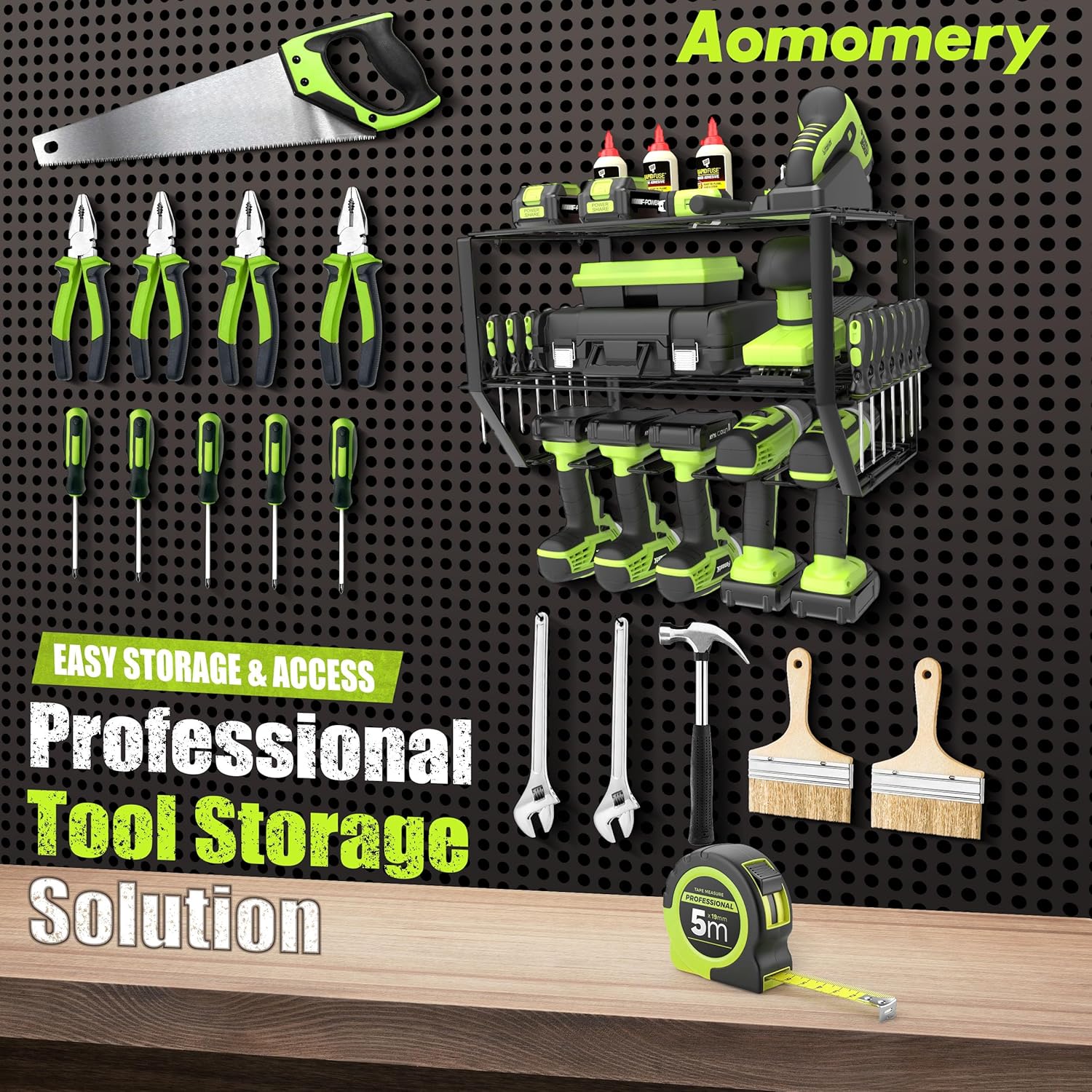 AOMOMERY, BRAND, CATEGORY, STORAGE RACKS, Aomomery-Power Tool Organizer-8 Drill Holder Wall Mount,4 Layer Heavy Duty Metal Power Tool Storage Rack,Garage Tool Organizer and Storage with Screwdriver Holder/Plier Holder/Hammer Holder