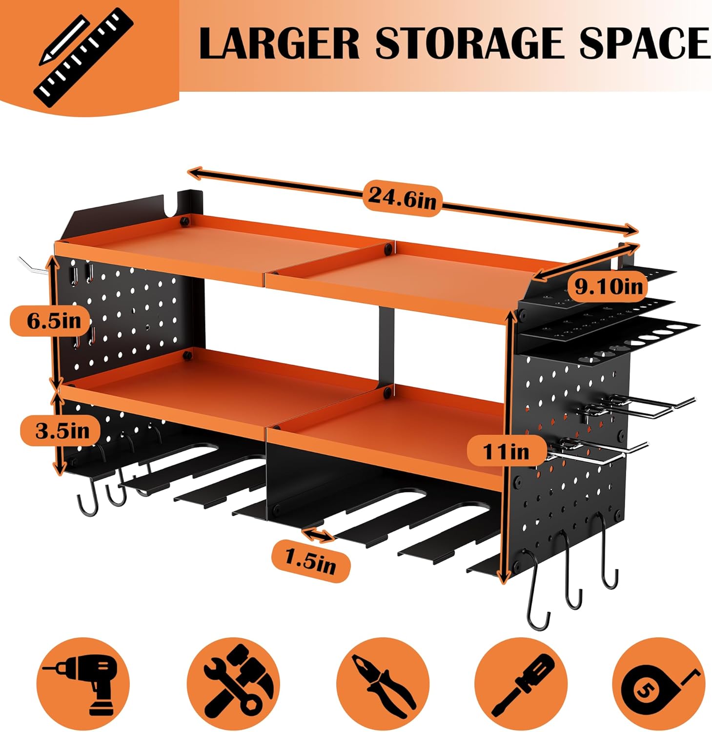 AURORAL ZONE, BRAND, CATEGORY, STORAGE RACKS, Auroral Zone Power Tool Organizer for Drill Holder, Tool Storage Wall Mount, Storage Rack for Garage Organization, Heavy Duty Metal Tool Shelf, Orange