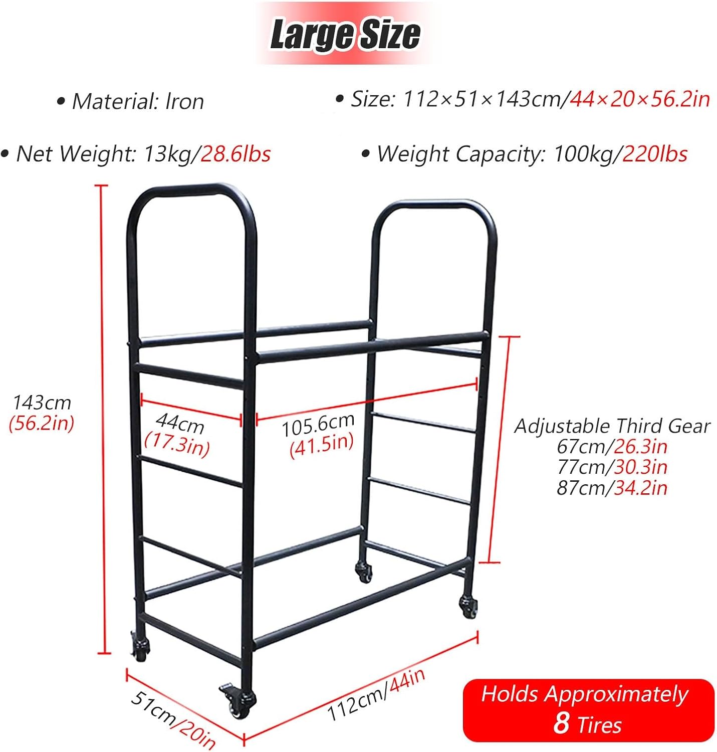 BOHHO, BRAND, CATEGORY, STORAGE RACKS, BOHHO Tire Display Rack 2 Tier Fat Tire Storage Rack Garage, Adjustable Industrial Rolling Tyre Rack w/Wheels, Car Tire Display Stand for Outdoor/Indoor/Tire Shop, Garage Accessories(Small)