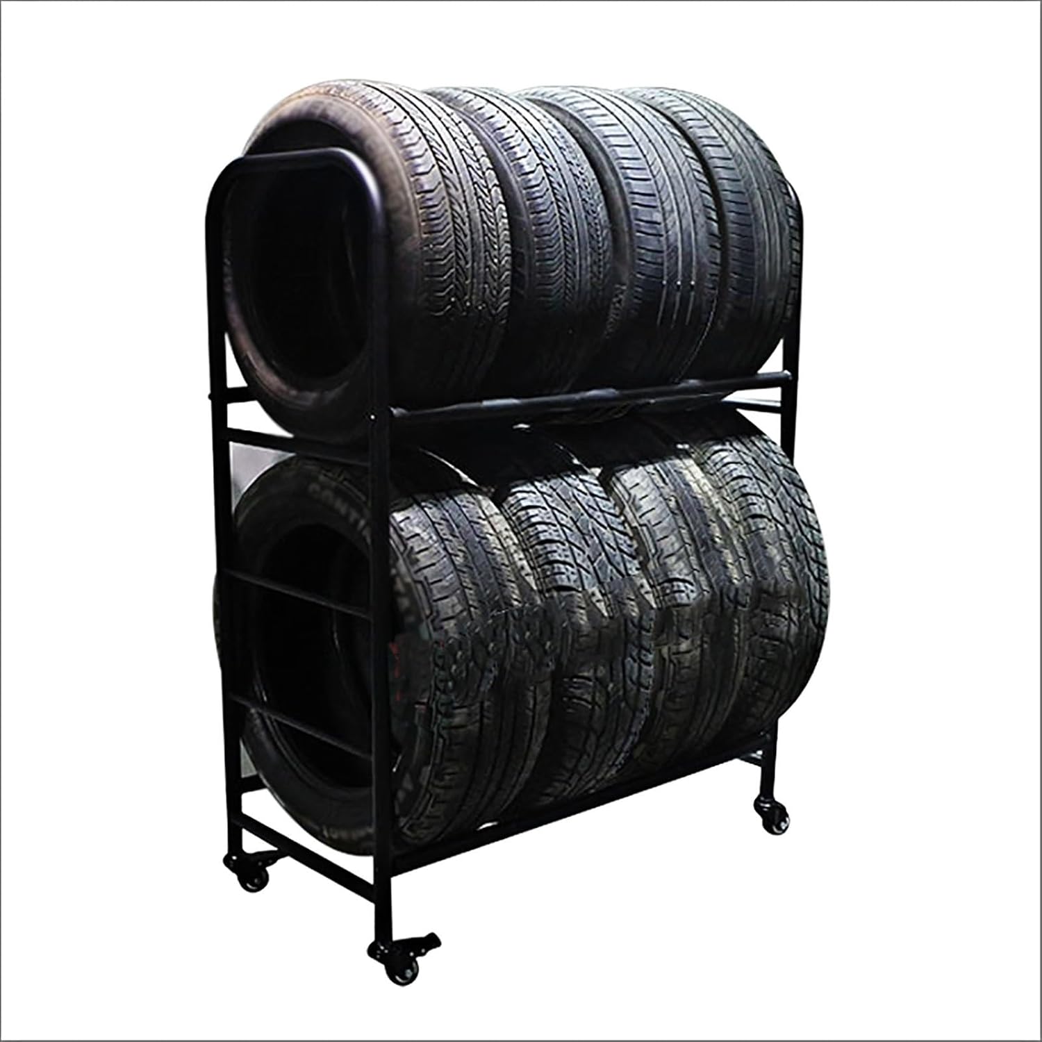 BOHHO, BRAND, CATEGORY, STORAGE RACKS, BOHHO Tire Display Rack 2 Tier Fat Tire Storage Rack Garage, Adjustable Industrial Rolling Tyre Rack w/Wheels, Car Tire Display Stand for Outdoor/Indoor/Tire Shop, Garage Accessories(Small)