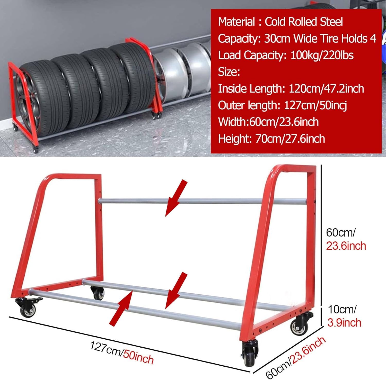 BOHHO, BRAND, CATEGORY, STORAGE RACKS, BOHHO Tire Rack Storage Holder with Wheels, Commercial Floor Tire Mount Organizer/Workshop Shelving, Garage Accessories Multi-Tire Stand, for Storing Seasonal Tires, RV Tires, ATV Tires