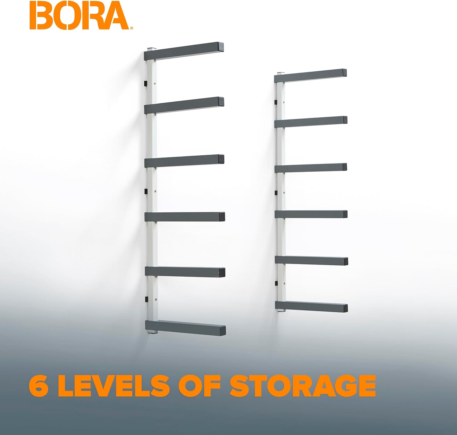 BORA, BRAND, CATEGORY, STORAGE RACKS, Bora Wood Organizer and Lumber Storage Metal Rack with 6-Level Wall Mount – Indoor and Outdoor Use, In Orange | PBR-001