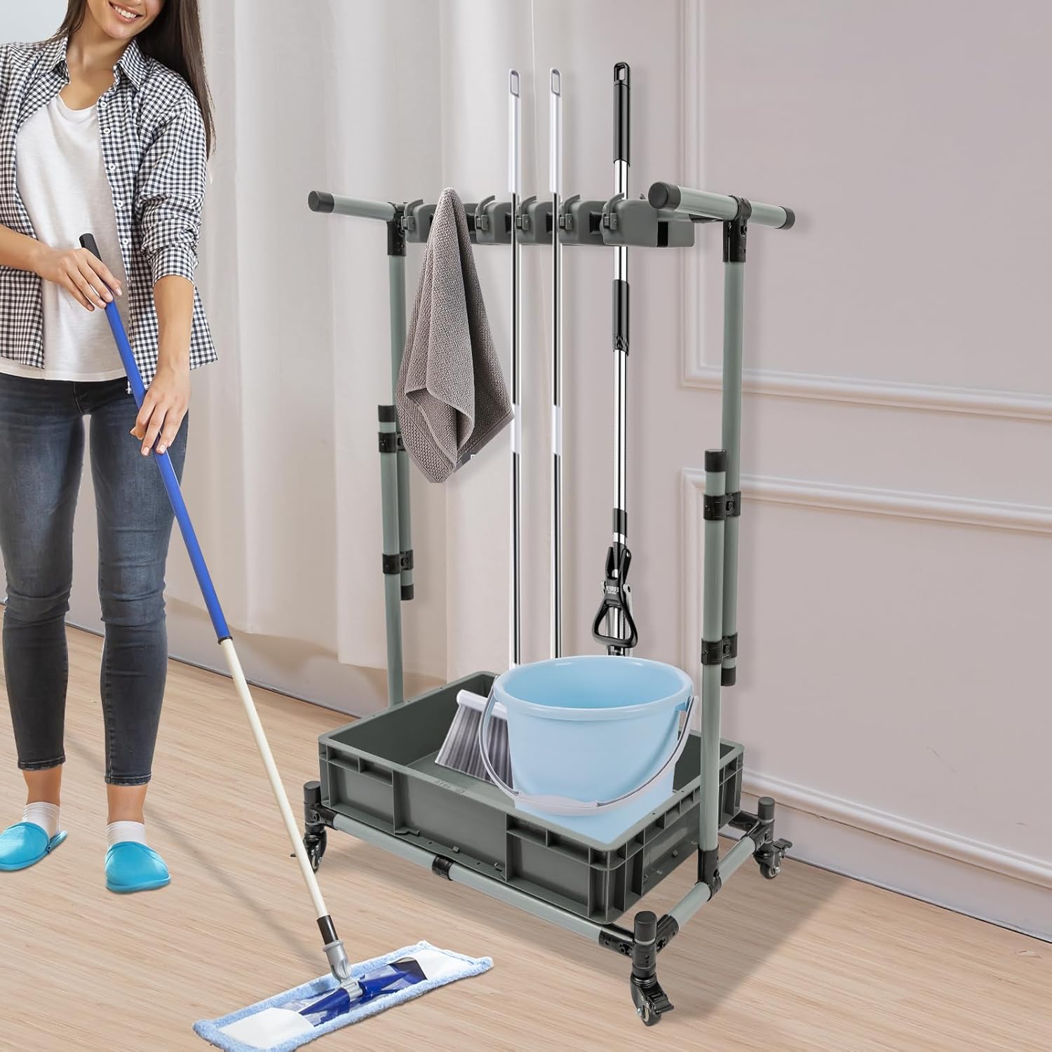 BRAND, CATEGORY, LUOSHALIYA, STORAGE RACKS, Broom and Mop Holder, Movable Floor-Mounted Broom Closet Standing Cleaning Tool Cart Storage for Hotels, Schools, Garages, Property Companies, Homes, Toilets, Bathrooms, Utility Rooms