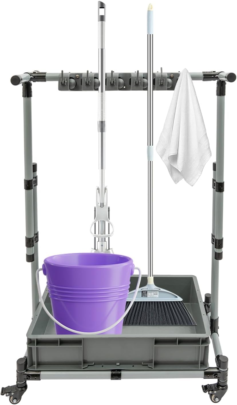 BRAND, CATEGORY, STORAGE RACKS, TFCFL, Broom and Mop Holder, Movable Floor Standing Cleaning Tool Cart, Free Standing Cleaning Supplies Organizer, for Garden Garage Schools, Hospitals, Factories, Hotels