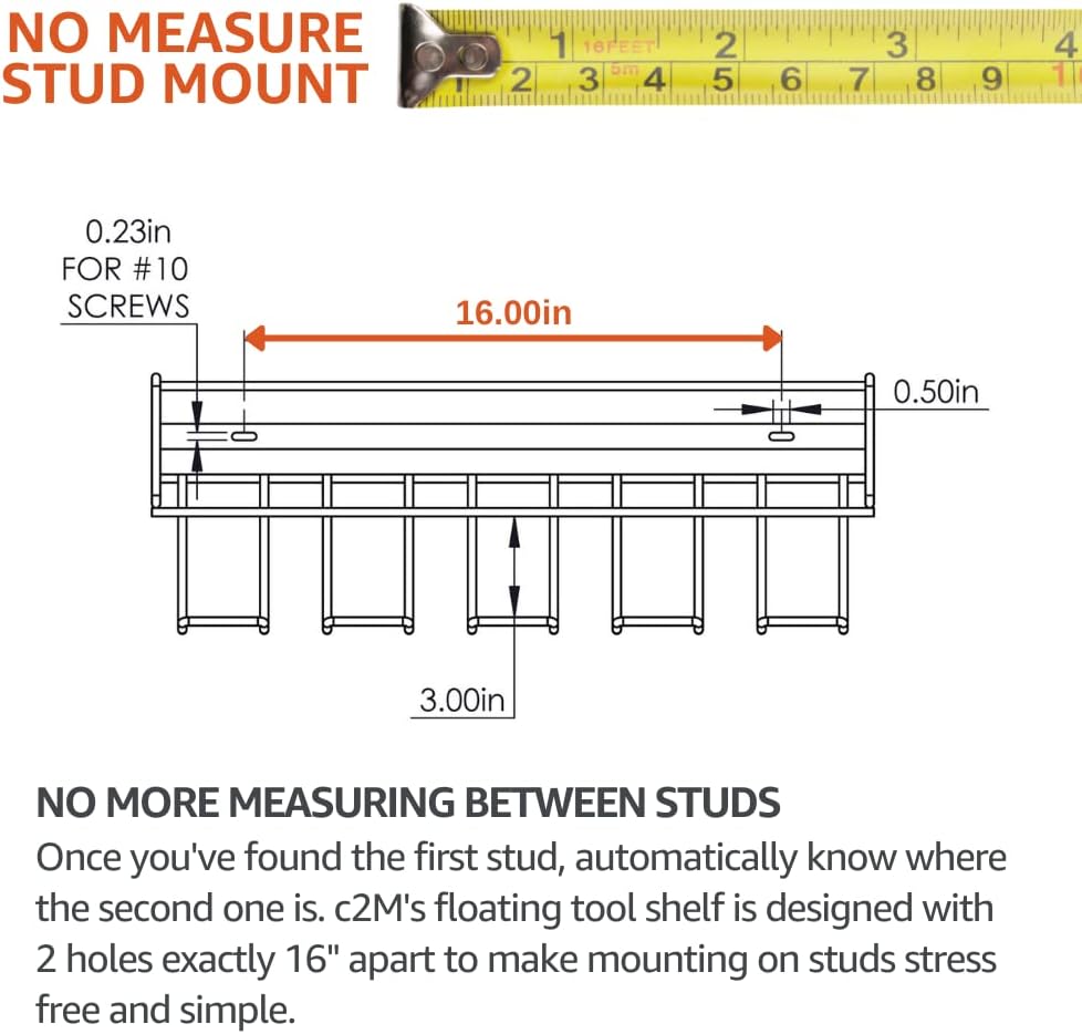 BRAND, C2M, CATEGORY, STORAGE RACKS, C2M Heavy Duty Floating Tool Shelf & Organizer | Wall Mounted Garage Storage Rack for Handheld & Power Tools | USA Made, 100# Weight Limit, Compact Steel Design | Perfect for Father's Day | Black