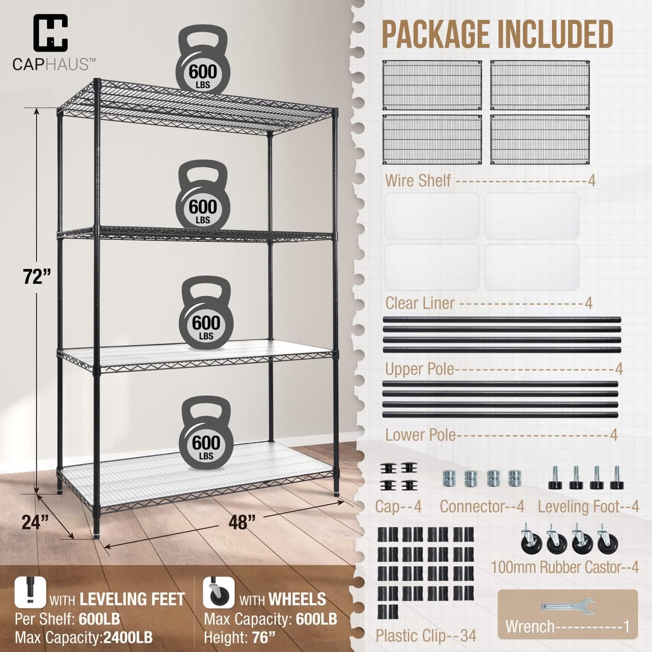 BRAND, CAPHAUS, CATEGORY, UTILITY SHELVES, CAPHAUS NSF Commercial Grade Heavy Duty Wire Shelving w/Wheels, Leveling Feet & Liners, Storage Metal Shelf, Garage Shelving Storage, Utility Wire Rack Storage Shelves, 36 x 18 x 76 4-Tier No Liner