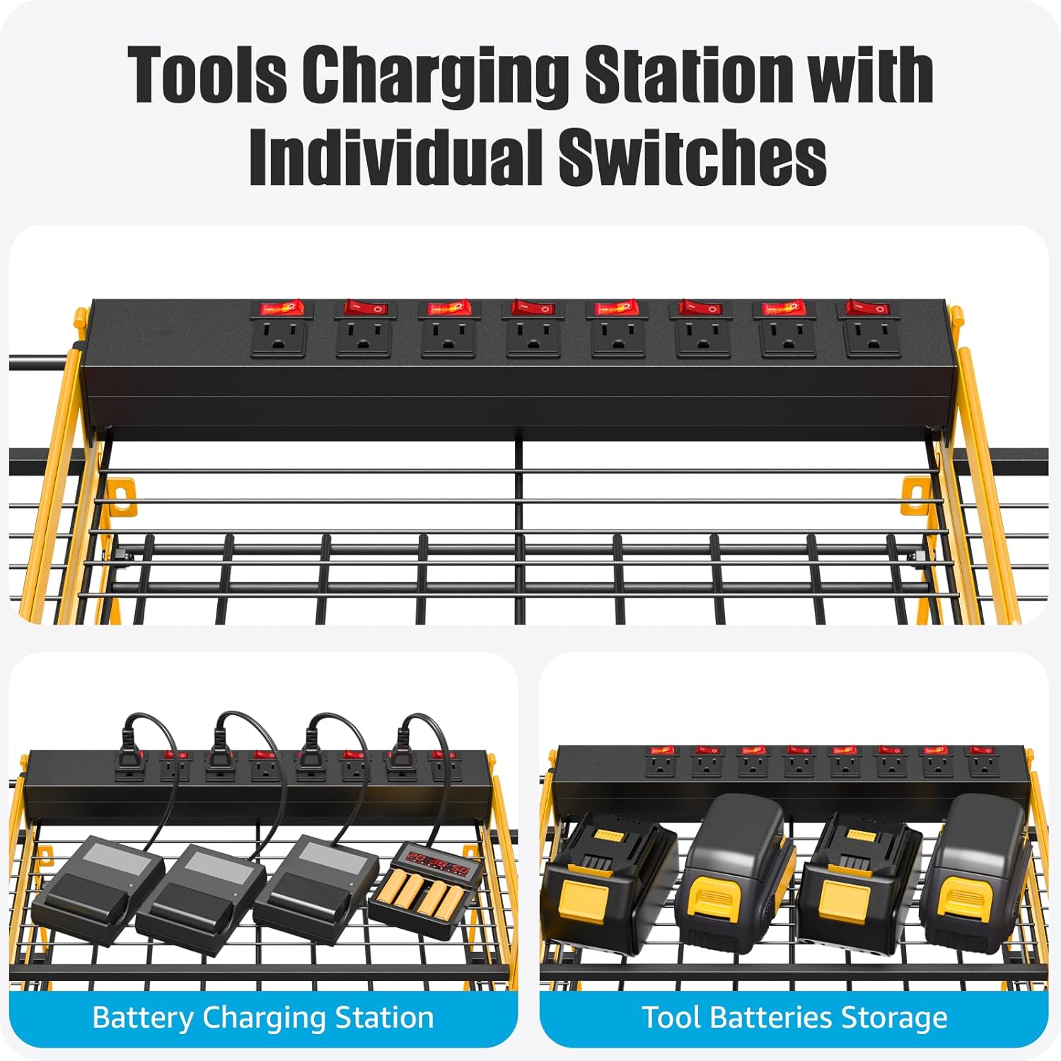 BRAND, CATEGORY, CCCEI, STORAGE RACKS, CCCEI Black Power Tools Organizers Wall Mount, Large Tools and Battery Storage Rack Charging Station. 8 Drill Holder, All Metal, Garage Utility Shelves with 6FT Power Strip. Gift for Men.