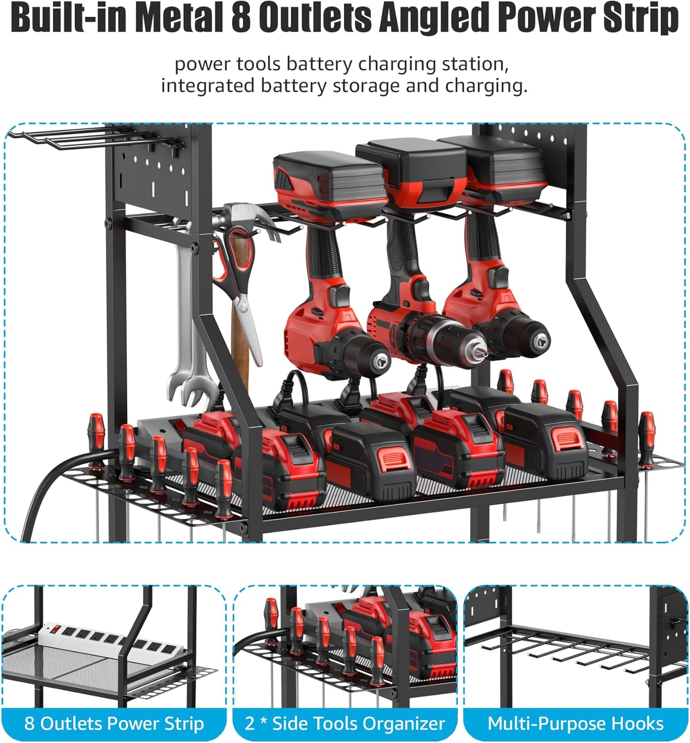 BRAND, CATEGORY, CCCEI, STORAGE RACKS, CCCEI Garage Small Power Tools Organizer Floor Stand, Drill and Battery Storage Rack with Charging Station, All Metal Tool Shelf with Pegboard and Hooks, Gift for Men.