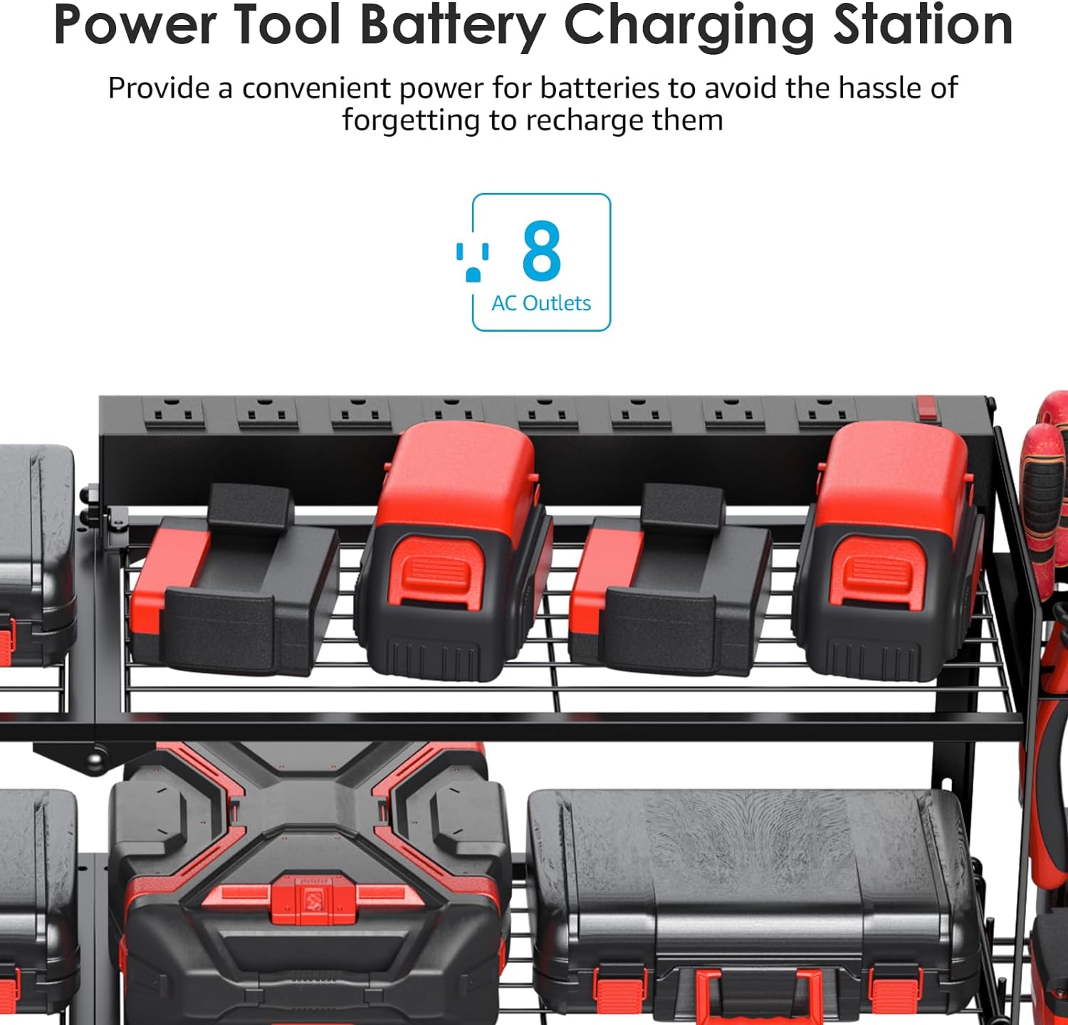 BRAND, CATEGORY, CCCEI, STORAGE RACKS, CCCEI Garage Tools Storage with Charging Station. Power Tool Battery Organizer Utility Shelf with Power Strip. 4 Drills Holder Wall Mount Rack, Black.