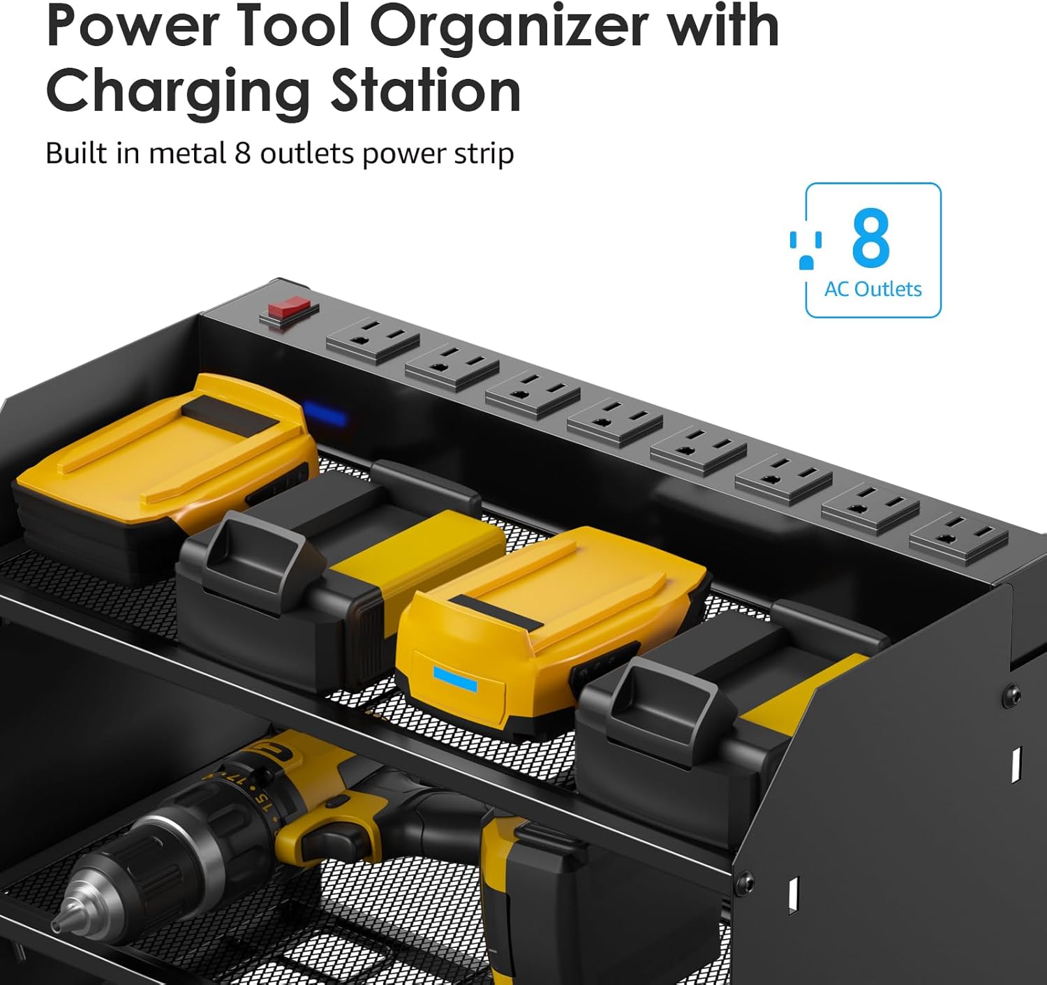 BRAND, CATEGORY, CCCEI, STORAGE RACKS, CCCEI Modular Power Tool Organizer Wall Mount Charging Station, Black 6 Drills Holder with 8 Plug Power Strip, Garage Drill Battery Heavy Duty Metal Shelf, Utility Rack with Hooks, Side Storage.