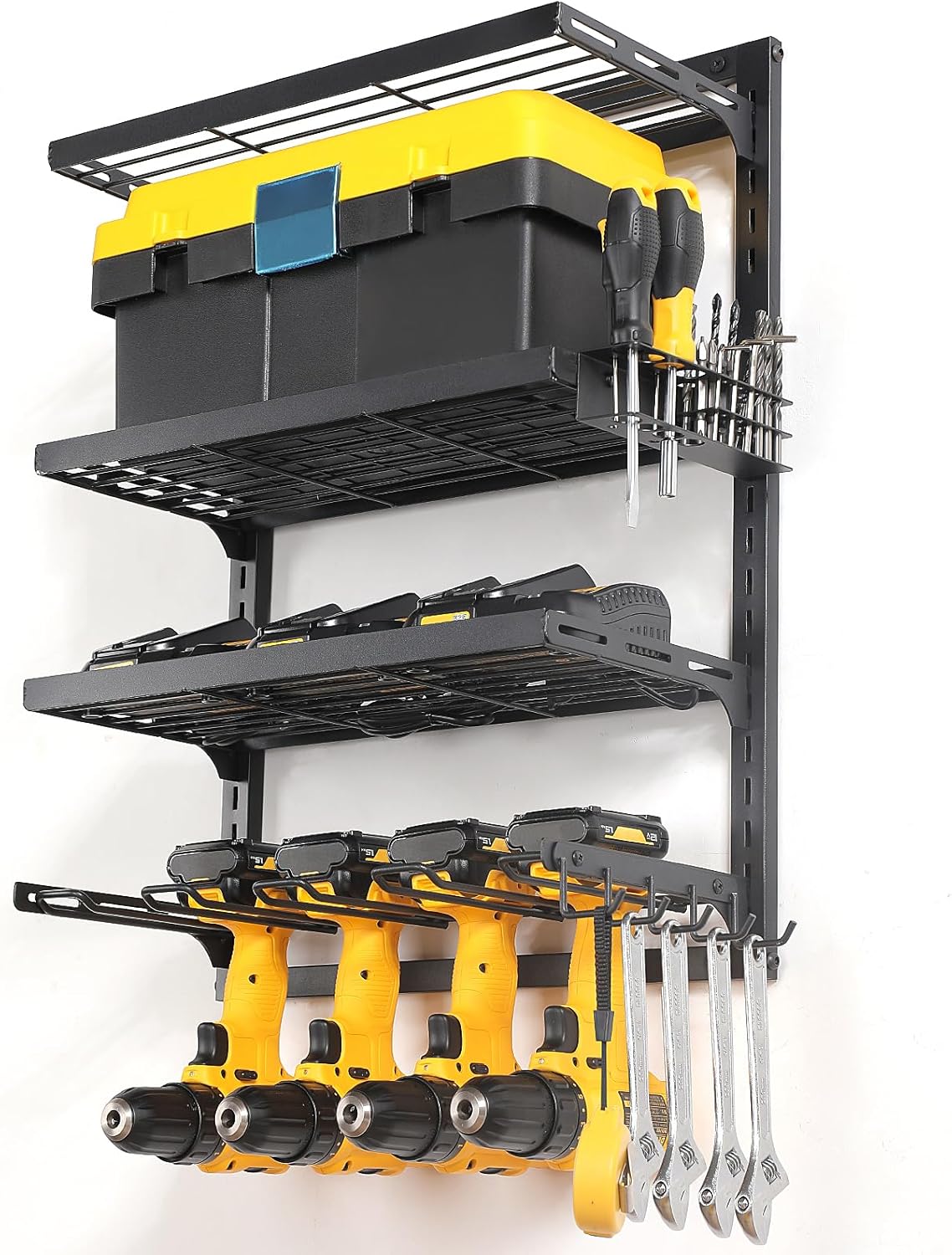 BRAND, CATEGORY, COFIT, STORAGE RACKS, COFIT Power Tool Organizer, Power Drill Tool Holder with Charging Station, Wall Mount Tool Storage Organizer, 3-Tier Adjustable Height Iron Tool Rack for Garage Organization and Workshop