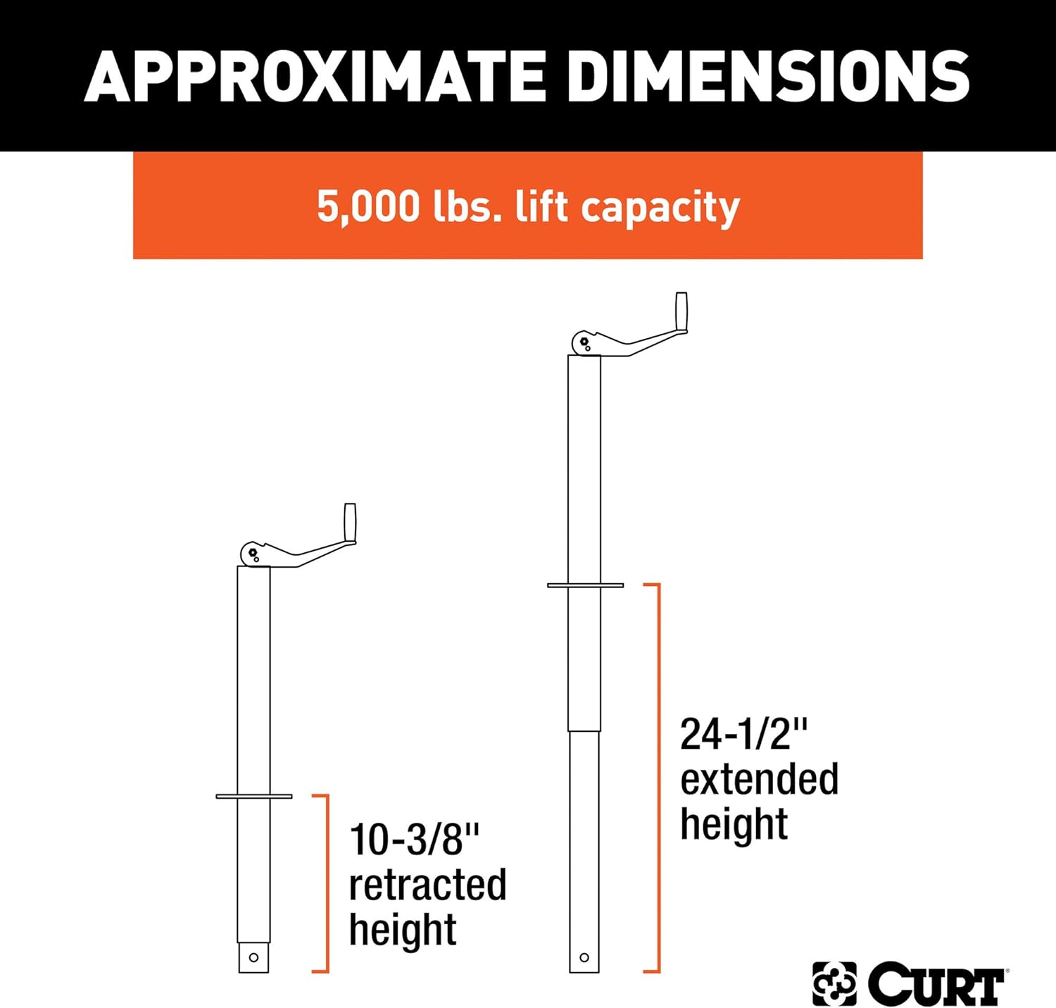 BRAND, CATEGORY, CURT, JACKS & STABILIZERS, CURT 28250 A-Frame Trailer Jack, 5,000 lbs, 14-1/8 Inches Vertical Travel, CARBIDE BLACK POWDER COAT