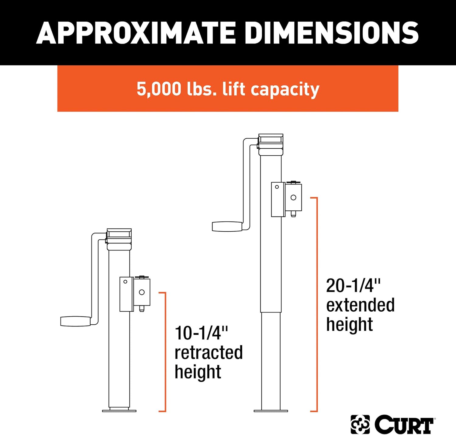 BRAND, CATEGORY, CURT, JACKS & STABILIZERS, CURT 28354 Weld-On Pipe-Mount Swivel Trailer Jack, 5,000 lbs. 10 Inches Vertical Travel , Black