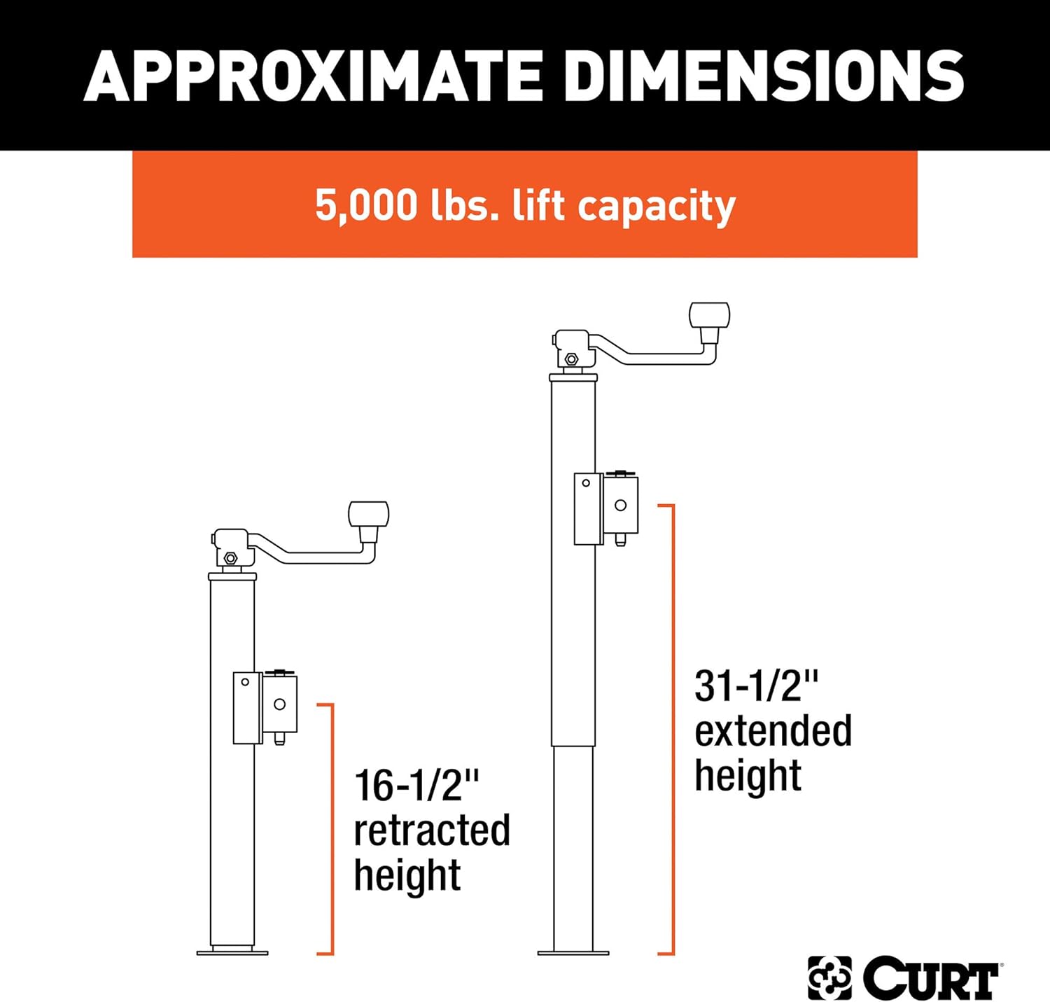 BRAND, CATEGORY, CURT, JACKS & STABILIZERS, CURT 28356 Weld-On Pipe-Mount Swivel Trailer Jack, 5,000 lbs. 15 Inches Vertical Travel, CARBIDE BLACK POWDER COAT