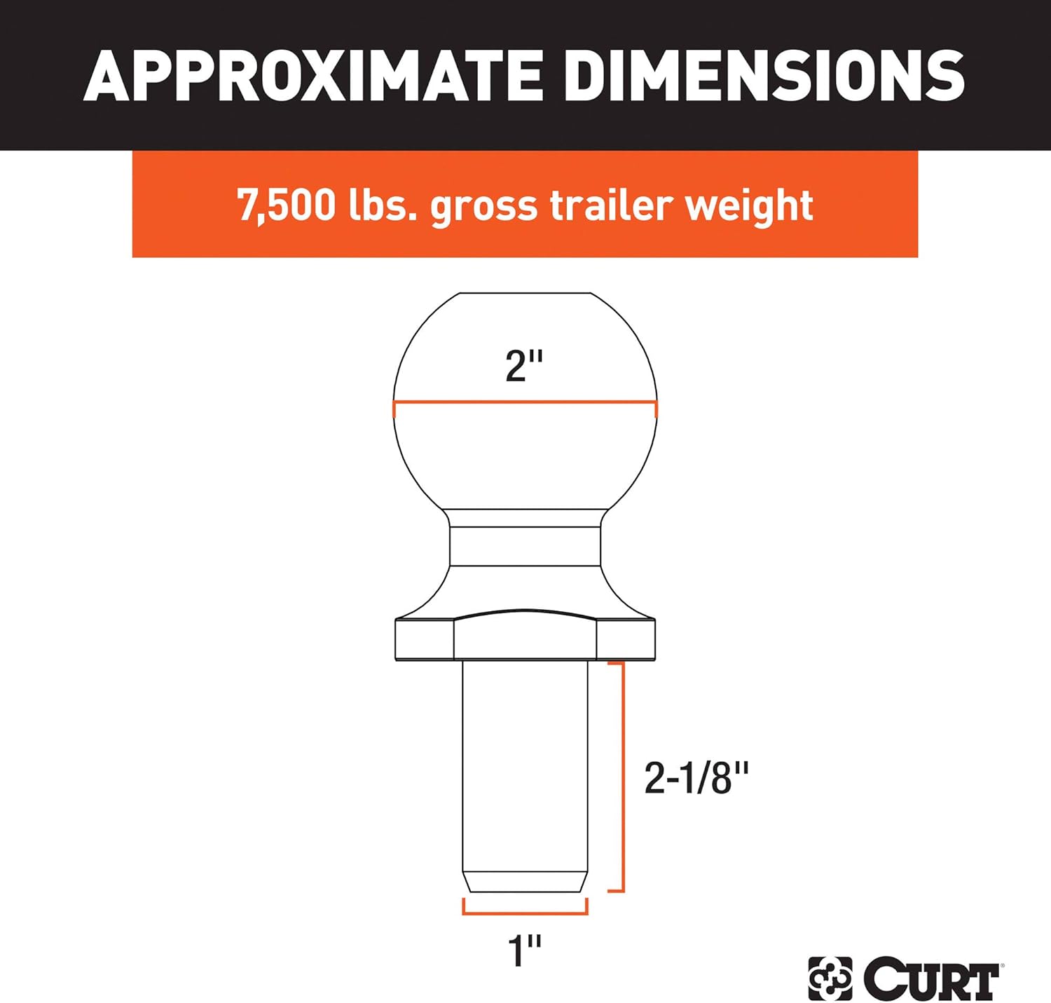 BRAND, CATEGORY, CURT, HITCH BALLS, CURT 40037 Chrome Trailer Hitch Ball, 7,500 lbs, 2-Inch Diameter, 1 x 2-1/8-Inch Shank