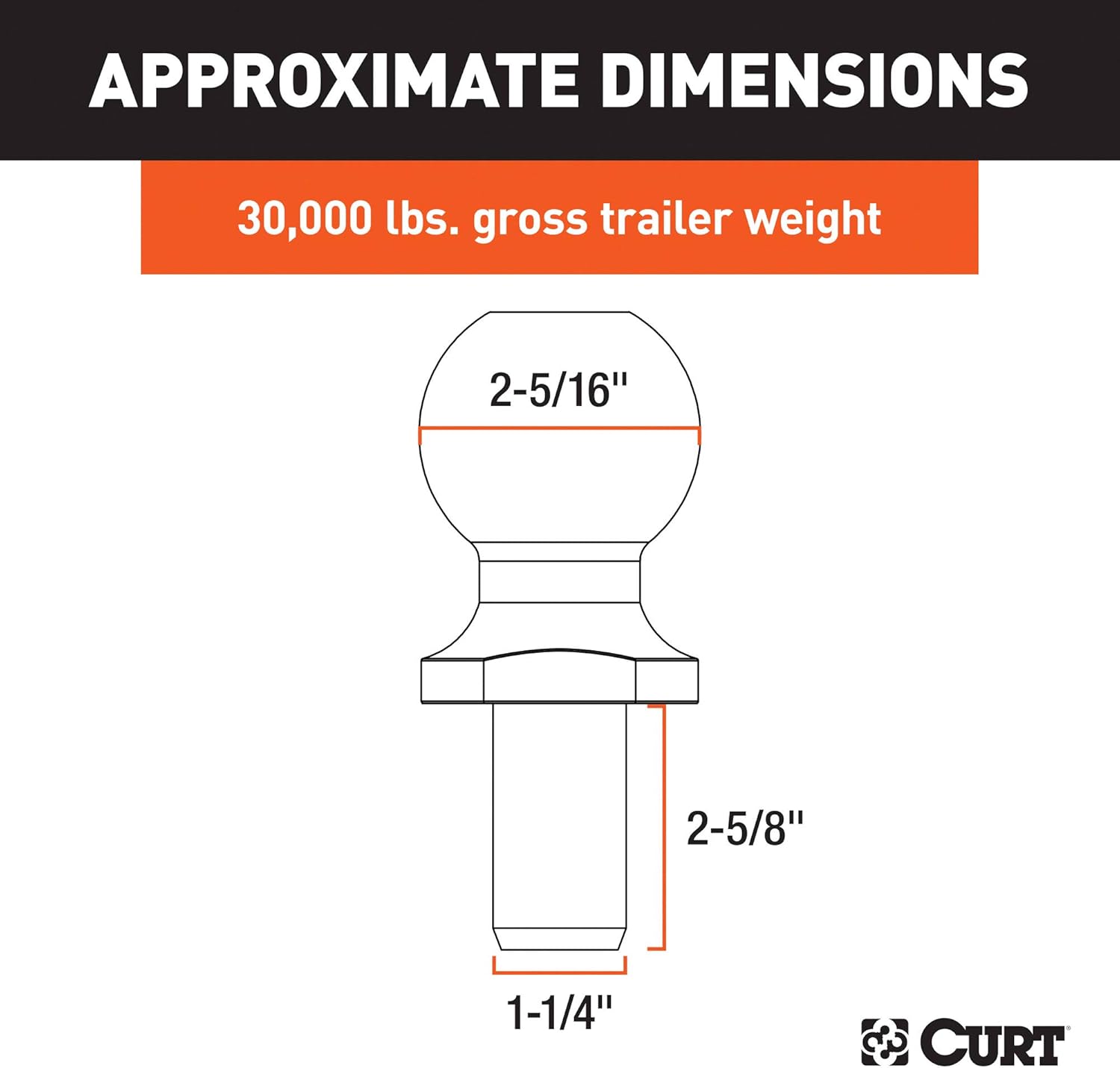 BRAND, CATEGORY, CURT, HITCH BALLS, CURT 40085 Raw Steel Trailer Hitch Ball, 30,000 lbs, 2-5/16-Inch Diameter, 1-1/4 x 2-5/8-Inch Shank