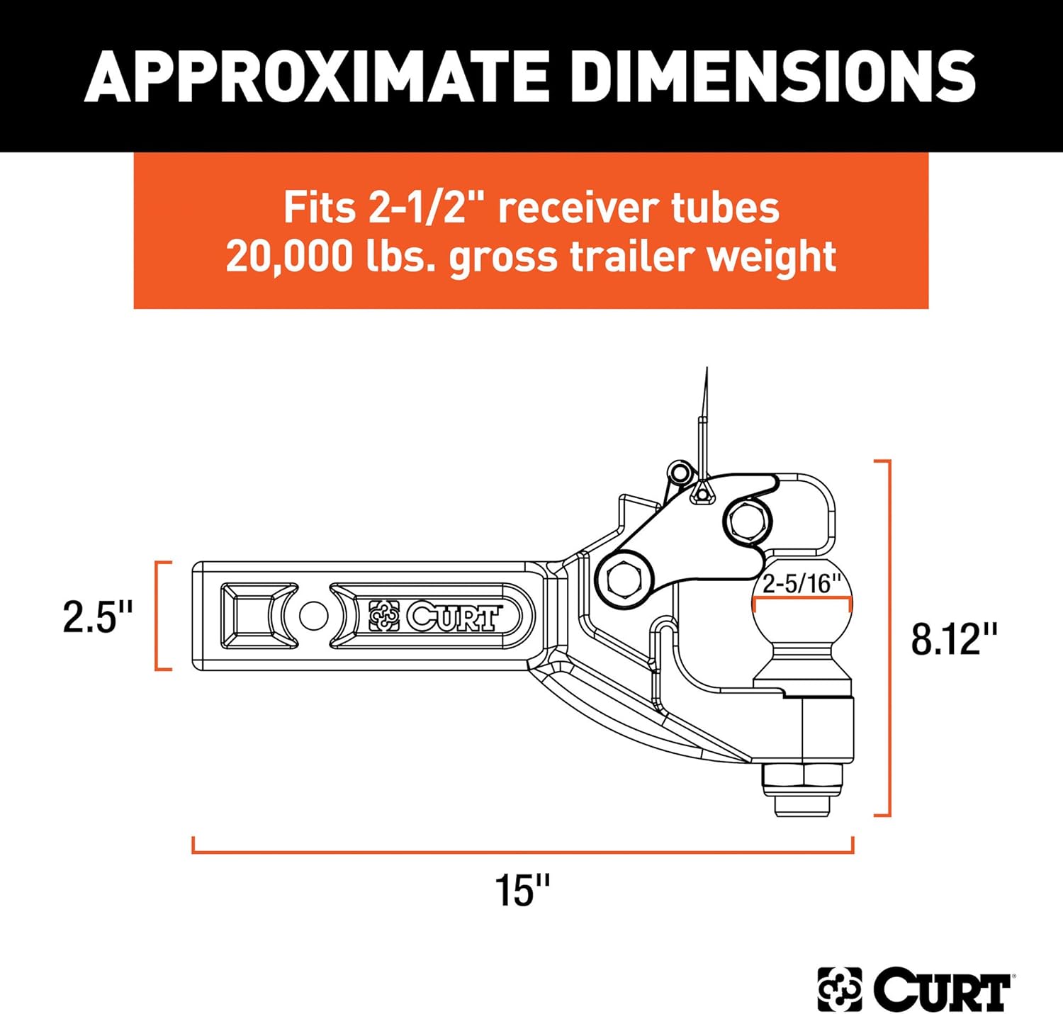 BRAND, CATEGORY, CURT, DRAWBAR HITCH, CURT 48012 Pintle Hitch with 2-5/16-Inch Trailer Ball, Fits 2-1/2-Inch Receiver, 20,000 lbs, 15-Inch Length