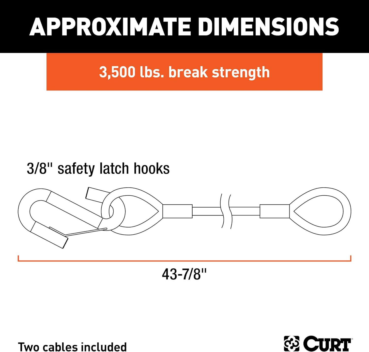 BRAND, CATEGORY, CURT, WIRING, CURT 80136 43-7/8-Inch Vinyl-Coated Trailer Safety Cables, 3/8-In Snap Hooks, 3,500 lbs Break Strength, 2-Pack