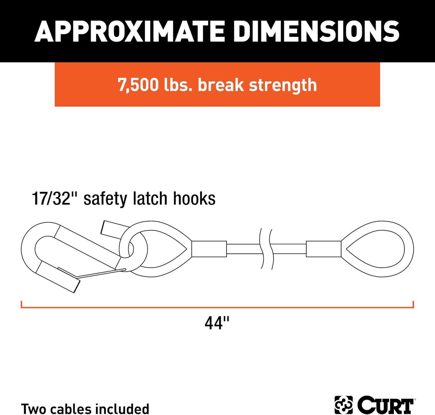 BRAND, CATEGORY, CURT, WIRING, CURT 80176 44-Inch Vinyl-Coated Trailer Safety Cables, 17/32-In Snap Hooks, 7,500 lbs Break Strength, Pack of 2 , Black